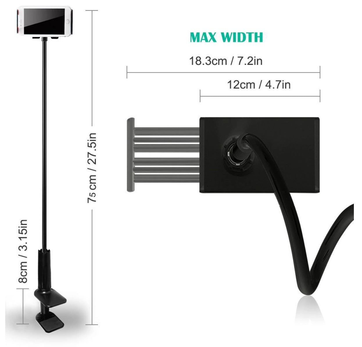 Adjustable Table Mounted Gooseneck Phone & Tablet Holder - Universal Lazy Bracket for Hands-Free Viewing - Perfect for Bed, Desk, Kitchen & Office Use