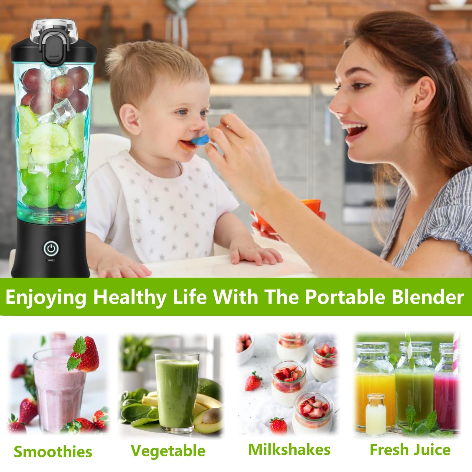 Portable Blender 20oz - USB Rechargeable Personal Blender for Smoothies, Shakes & Baby Food | Powerful & Safe Travel Blender for Kitchen, Gym, Office & Outdoor Use (Black)