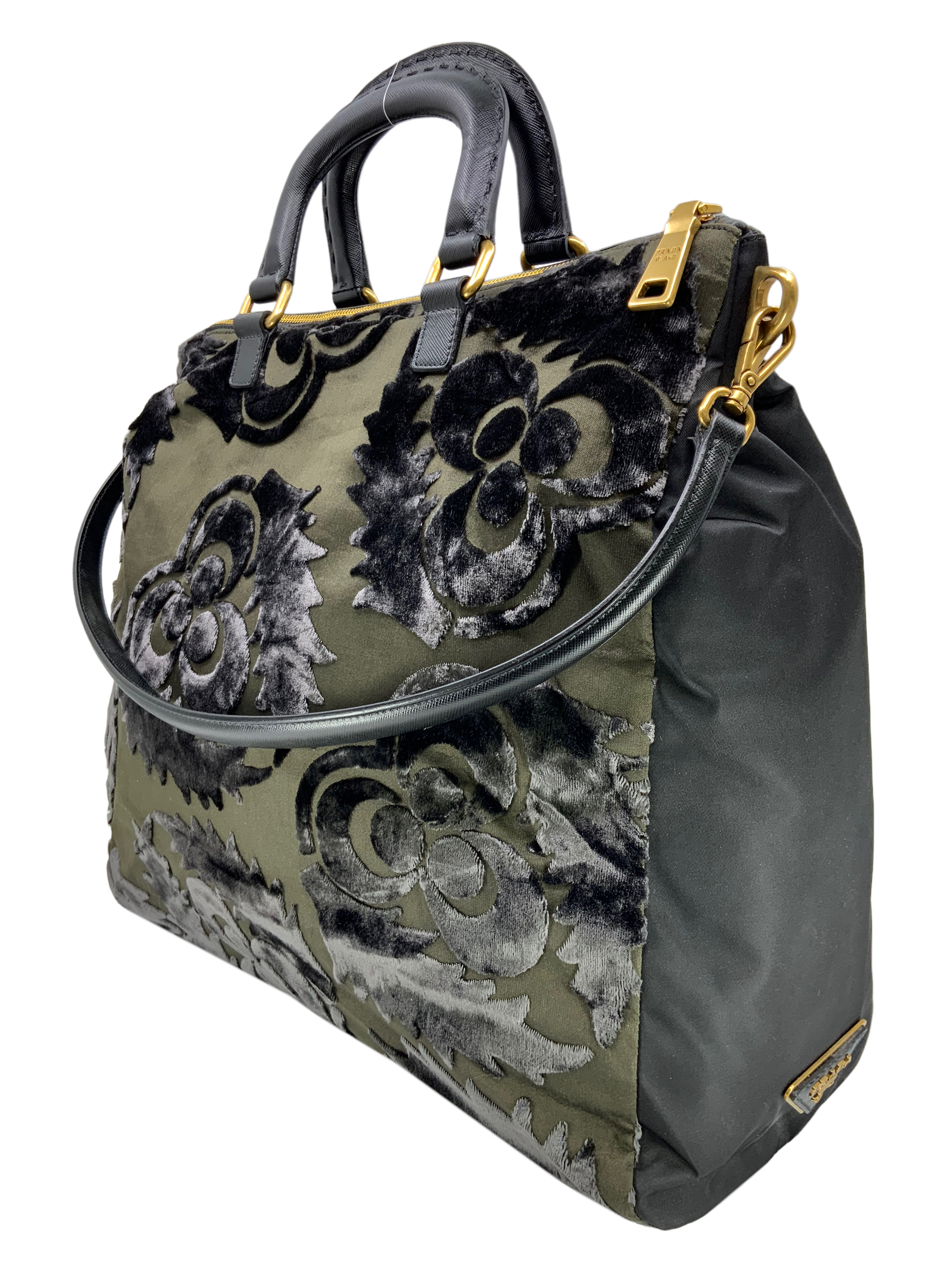 PRADA Nylon & Velvet Velluto Jacquard Tote Bag for Women - Luxury Designer Handbag for Work, Travel & Everyday Use