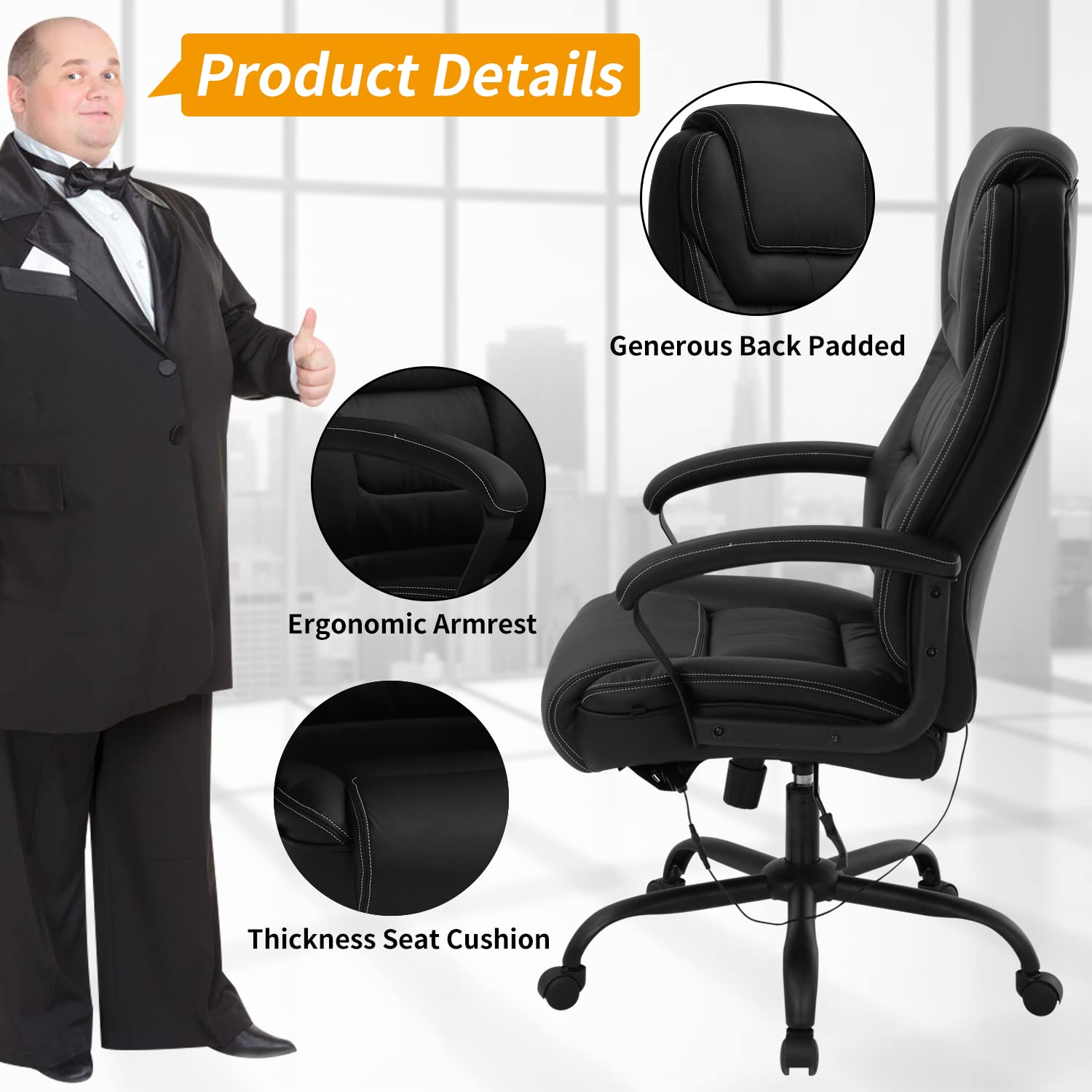 Heavy Duty Big and Tall Office Chair for 500lbs - Ergonomic Executive Desk Chair with Lumbar Support, Adjustable Armrest & Headrest - PU Leather Computer Task Chair for Home & Office - Black    Perfect for large individuals needing extra support during long work hours, gaming sessions, or home office use.