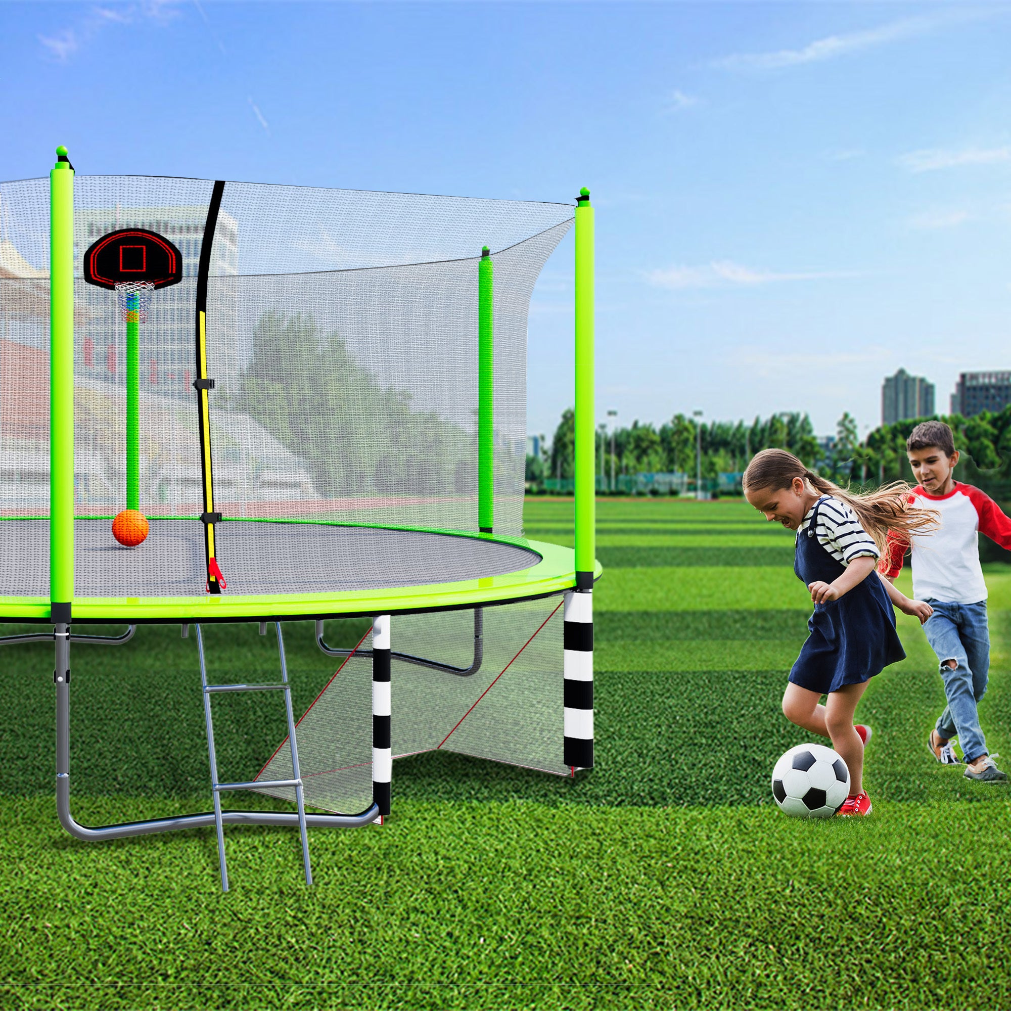 16FT Trampoline with Basketball Hoop, Air Pump & Ladder - Includes Safety Enclosure Net & Soccer Goal - Outdoor Backyard Fun for Kids & Family - Perfect for Exercise, Playtime & Birthday Parties (Green)
