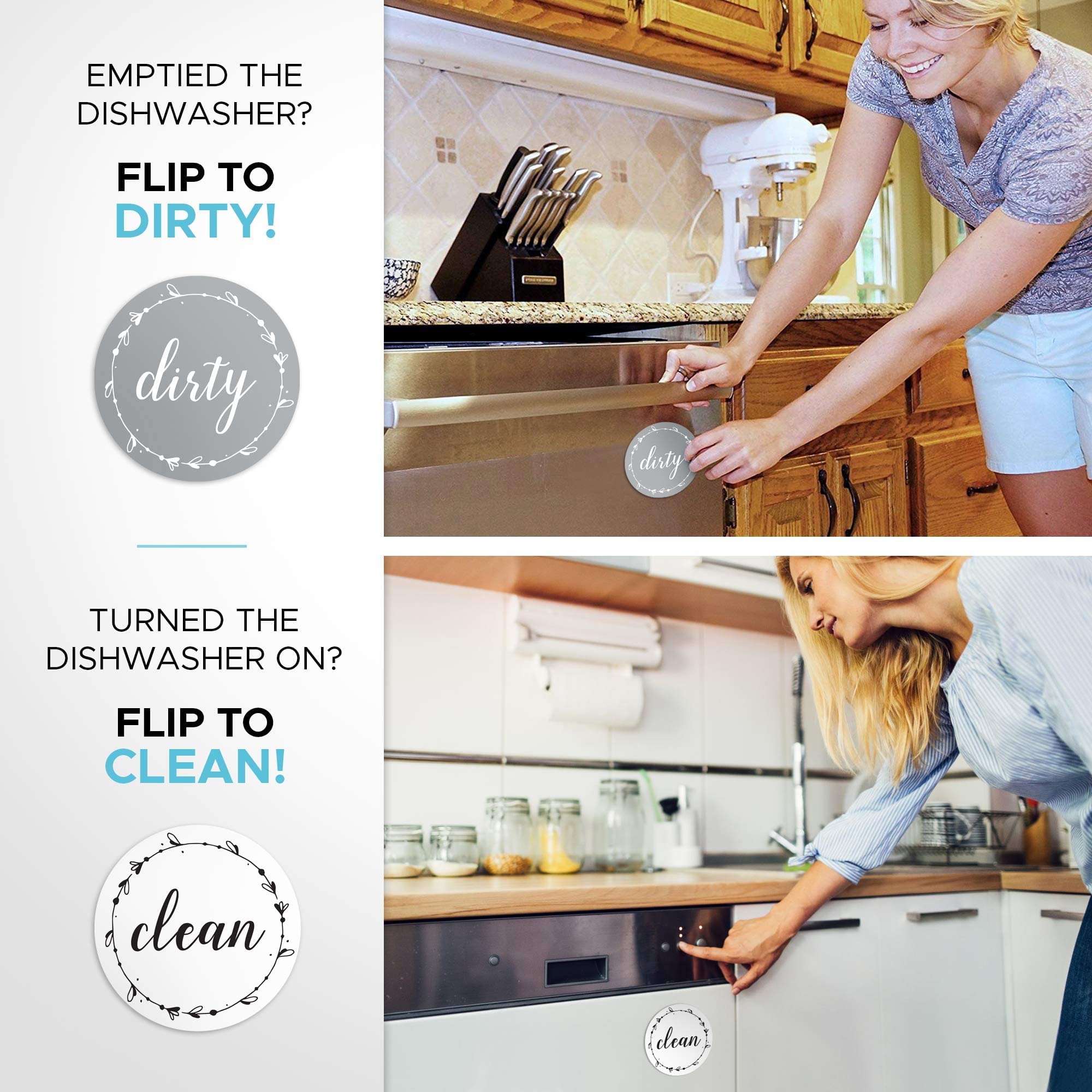 Dishwasher Magnet Clean Dirty Sign for Stainless Steel & Non-Magnetic Dishwashers - 3.15