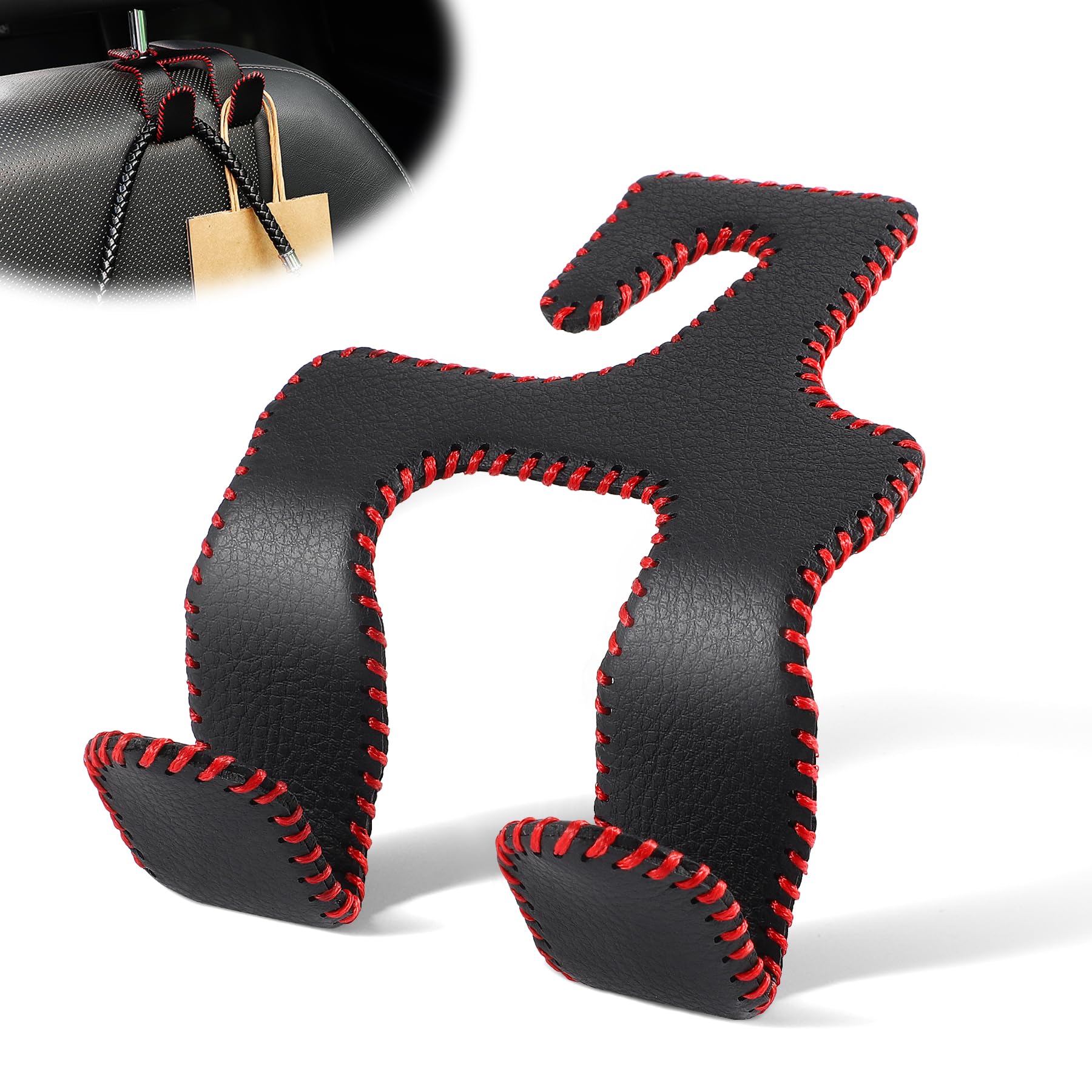 Upgraded Leather Car Seat Hook Organizer - 2-in-1 Headrest Hanger for Purses, Coats & Grocery Bags - Premium Auto Interior Accessories (Black/Red) - Perfect for Road Trips, Shopping & Daily Commute
