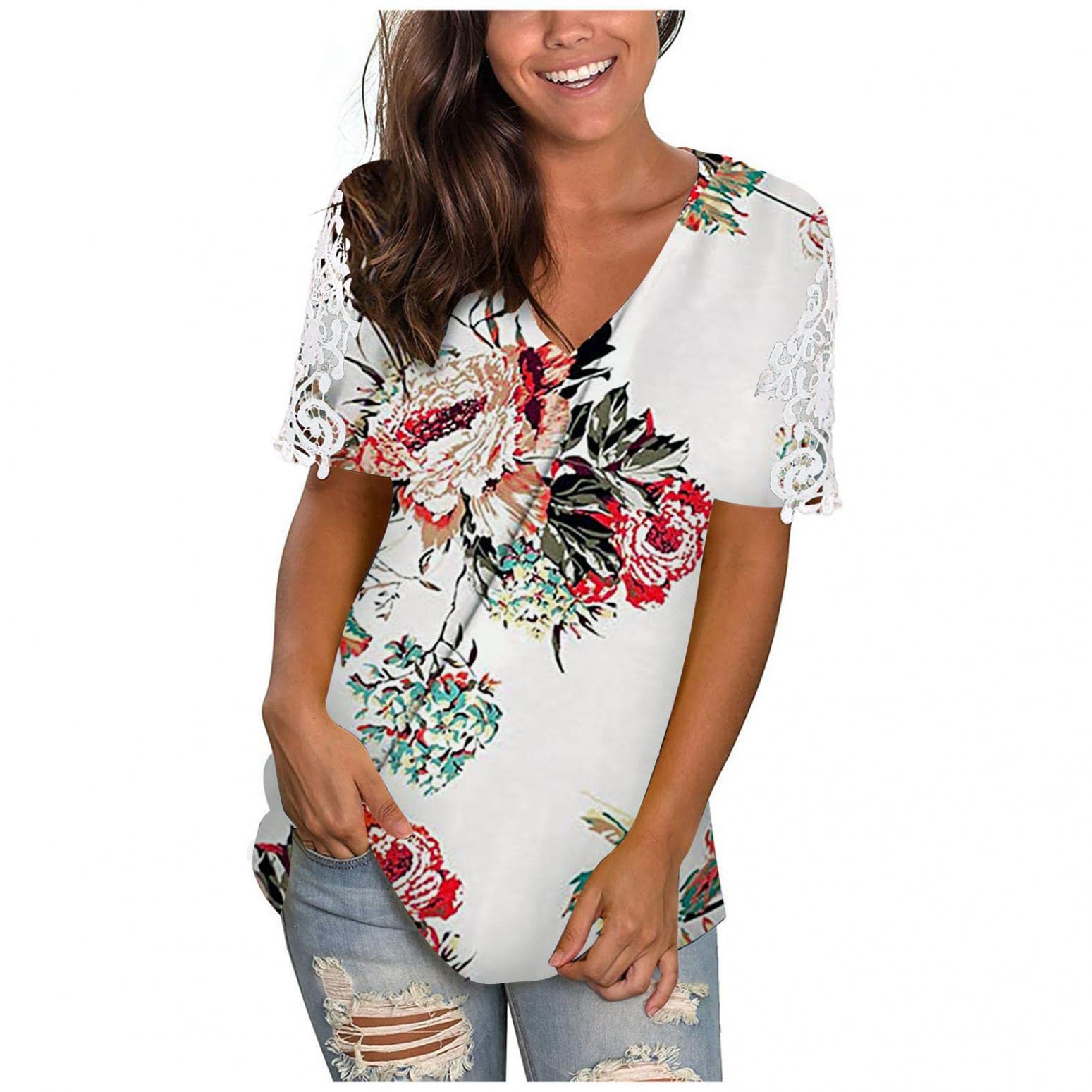 UOCUFY Women's Floral Print V-Neck Short Sleeve T-Shirt - Side Split Tunic Top for Casual Wear, Summer Outfits & Boho Style