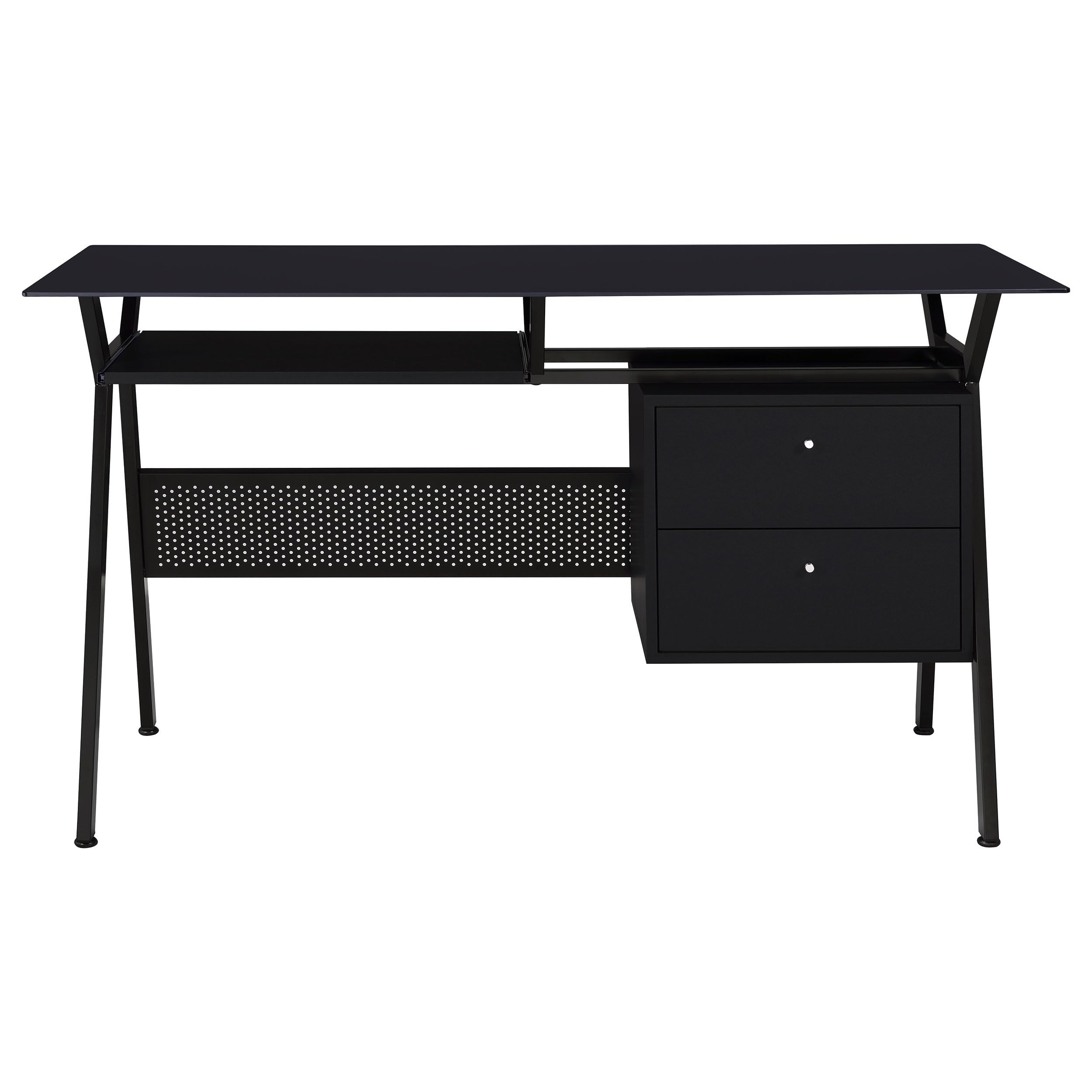 Modern 55-Inch Office Computer Desk with Black Tempered Glass Top - 2-Drawer Storage Workstation (55