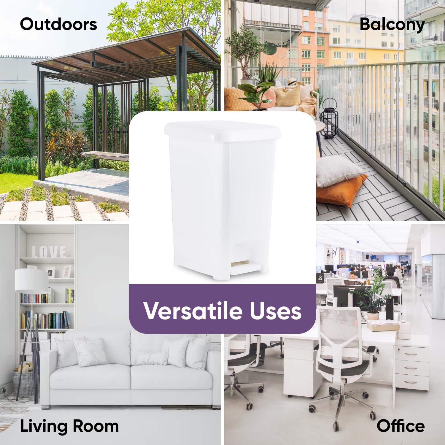 Superio 4 Gallon Slim Step-On Trash Can with Lid - Small Plastic Foot Pedal Garbage Bin for Bathroom, Kitchen, Office, Bedroom & Dorm - Perfect for Tight Spaces & Hands-Free Disposal - White