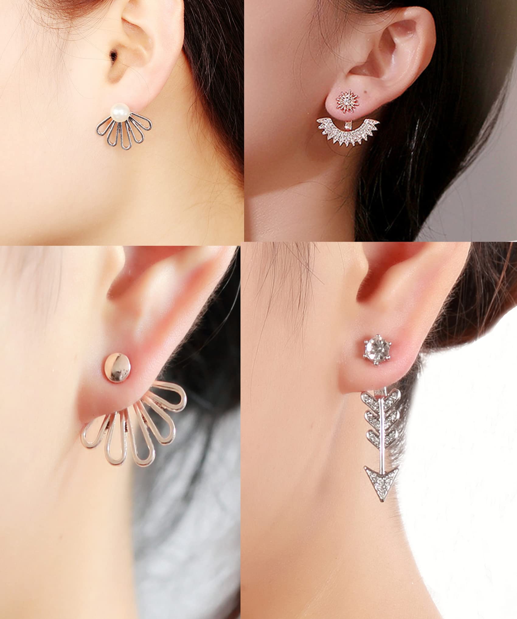 4 Pairs Lotus Flower Ear Jackets - Simple Chic CZ Stud Earrings Set for Women in Silver & Rose Gold Tone | Perfect for Parties, Weddings & Everyday Wear