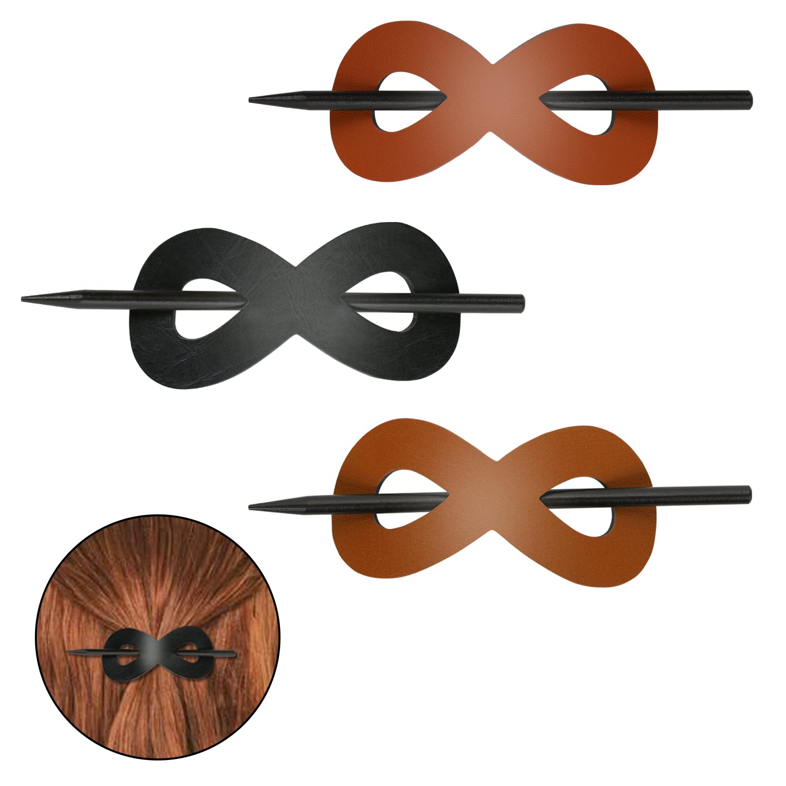 UHOMENY 3-Piece Leather Hair Clips Set - Women's Hair Barrettes with Wooden Sticks in Khaki, Brown & Black | 8 Stylish Shapes for Ponytails & Updos | Perfect for Office, Wedding & Everyday Use