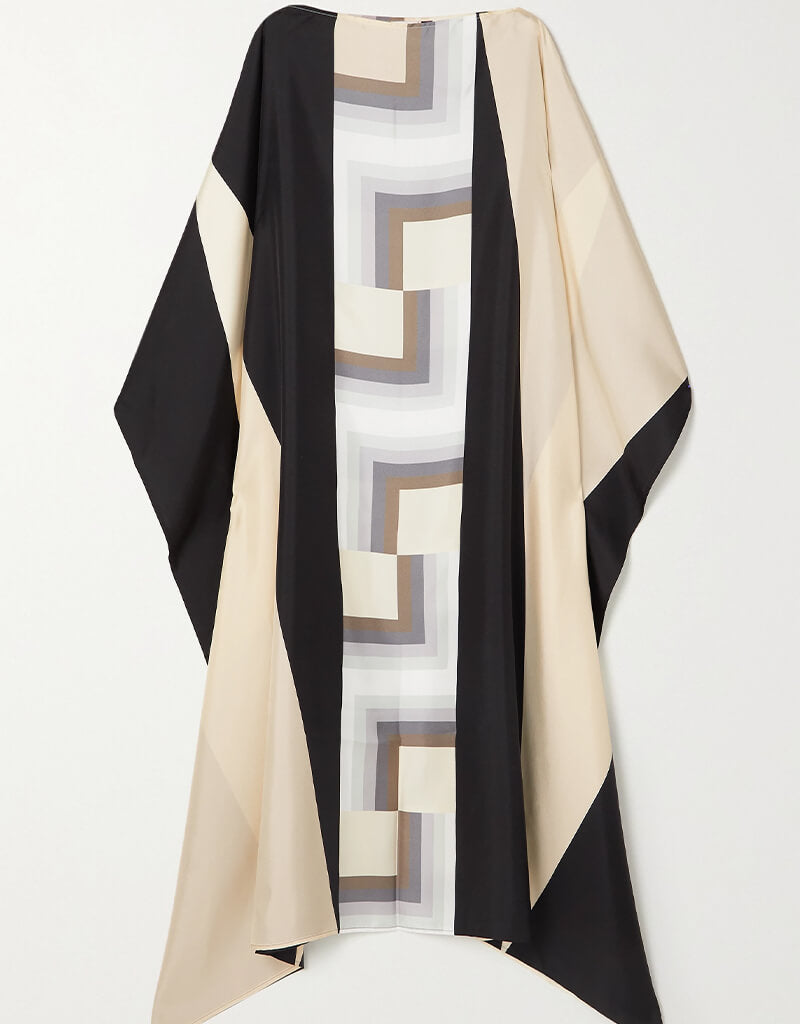 Black and Cream Soft Silk Crepe Kaftan - Elegant Loungewear for Women | Perfect for Beach Cover-ups, Summer Dresses & Boho Chic Outfits