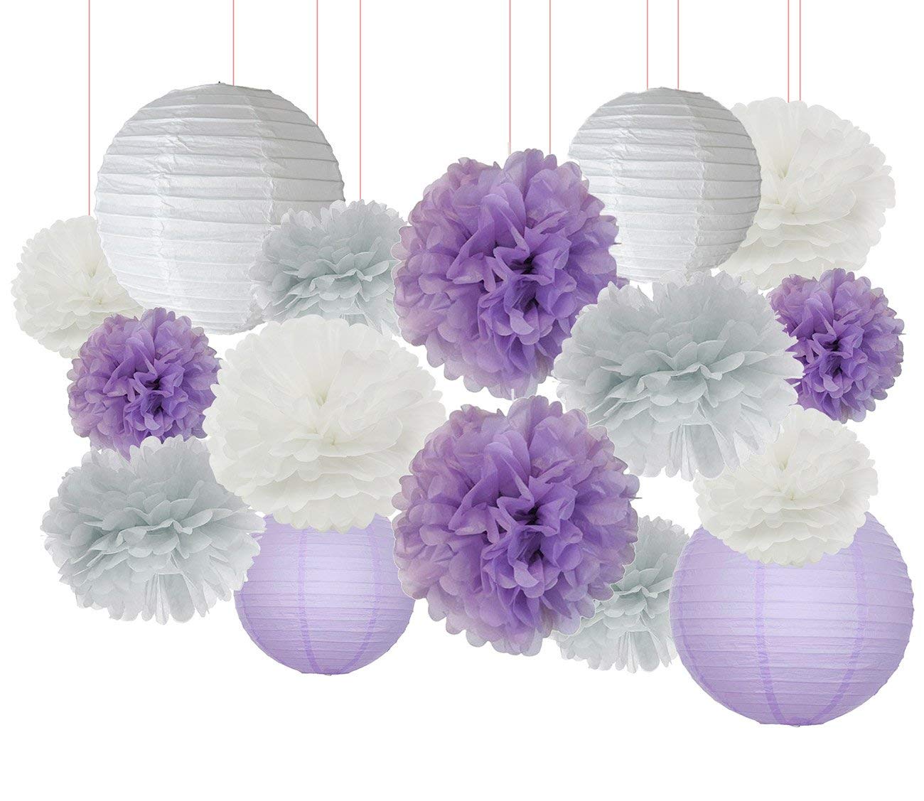 16-Piece White Lavender Grey Purple Tissue Paper Pom Poms & Lanterns - Elephant Baby Shower Decorations for Lavender Themed Party, Bridal Shower, Birthday Decor | Nursery, Wedding, Baby Shower Party Supplies