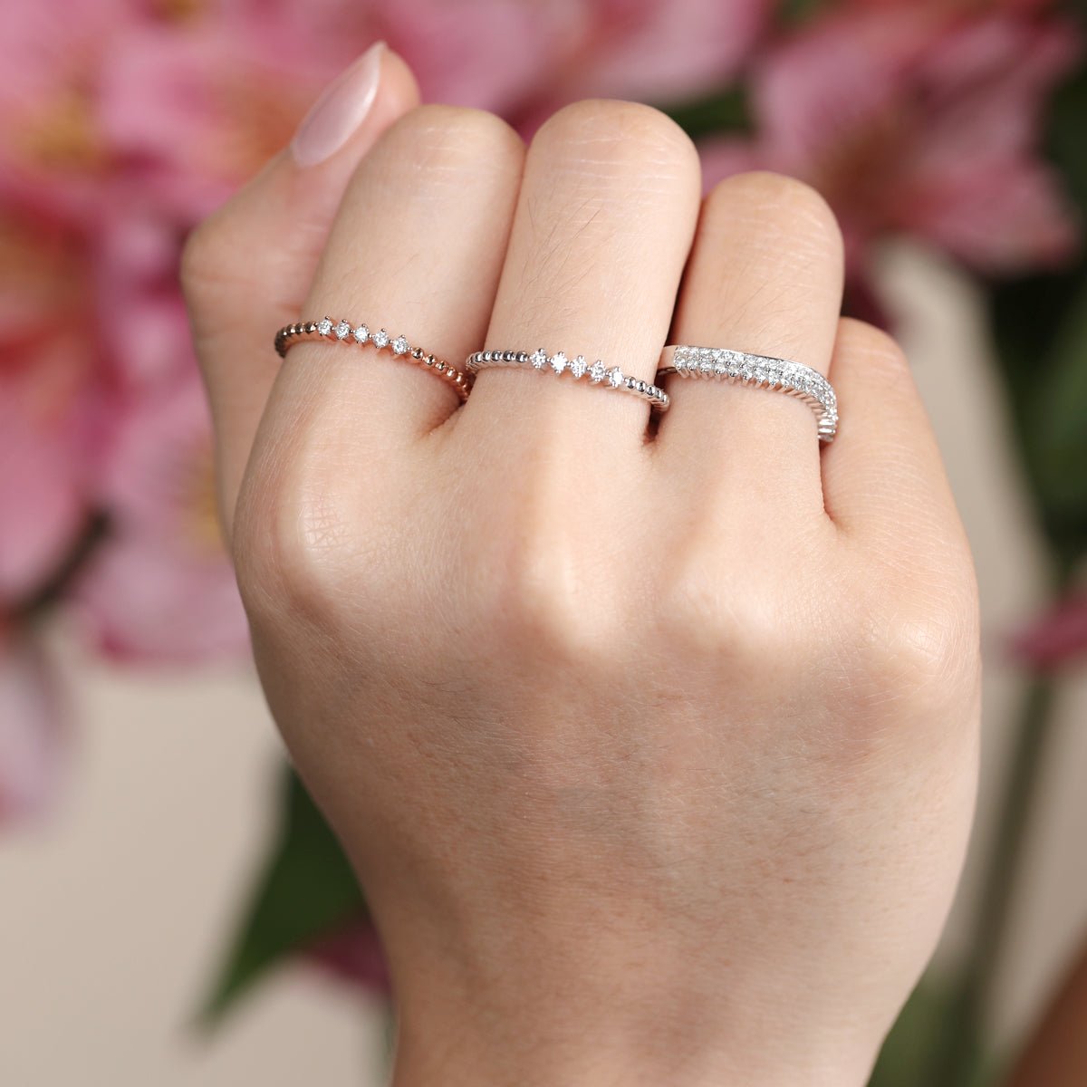14K White Gold Double Row Diamond Curved Band Ring for Women - Elegant Stackable Wedding & Anniversary Gift for Her