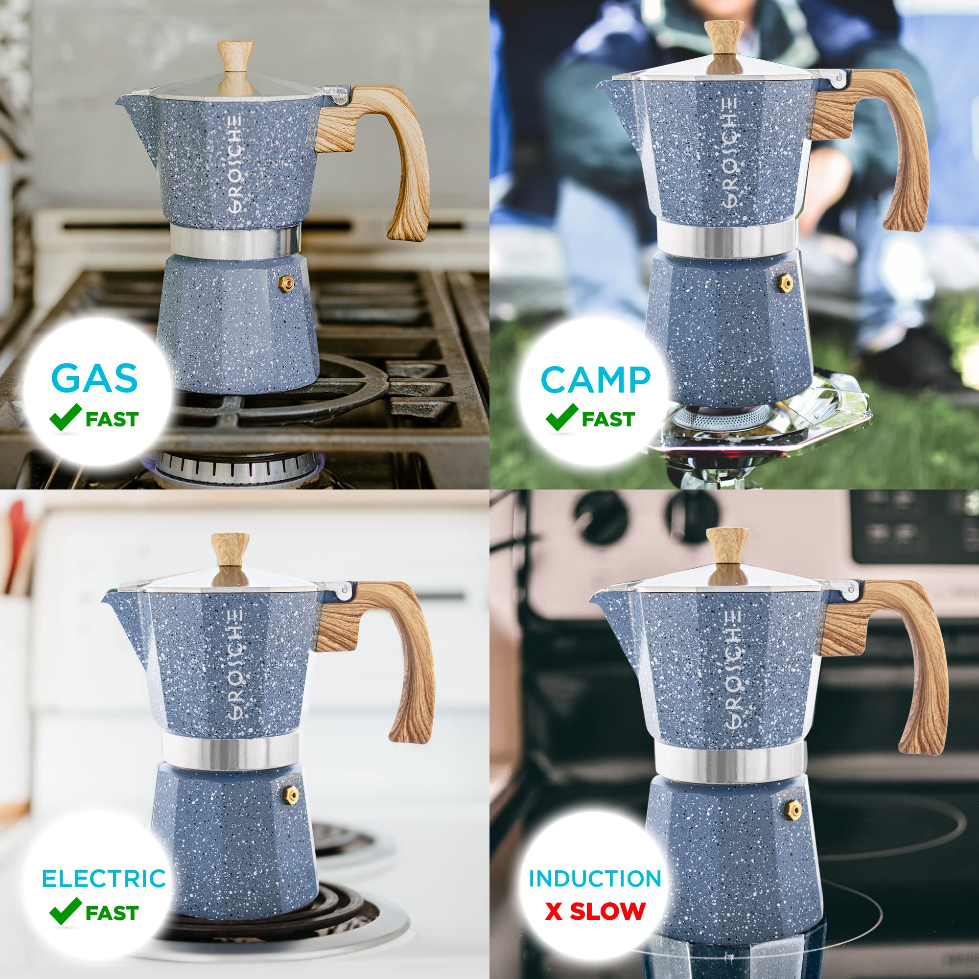 GROSCHE Milano Moka Pot - 9 Cup Stovetop Espresso Maker & Coffee Percolator in Indigo | Perfect for Home Brewing, Camping Trips & Italian Style Coffee | BPA-Free Aluminum Coffee Maker
