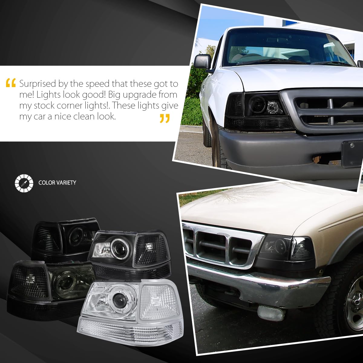 Autozensation Black Smoke Halo Projector Headlights + Corner Signal Lights Pair - Compatible with 1998-2000 Ford Ranger | Upgrade for Off-Road & Night Driving