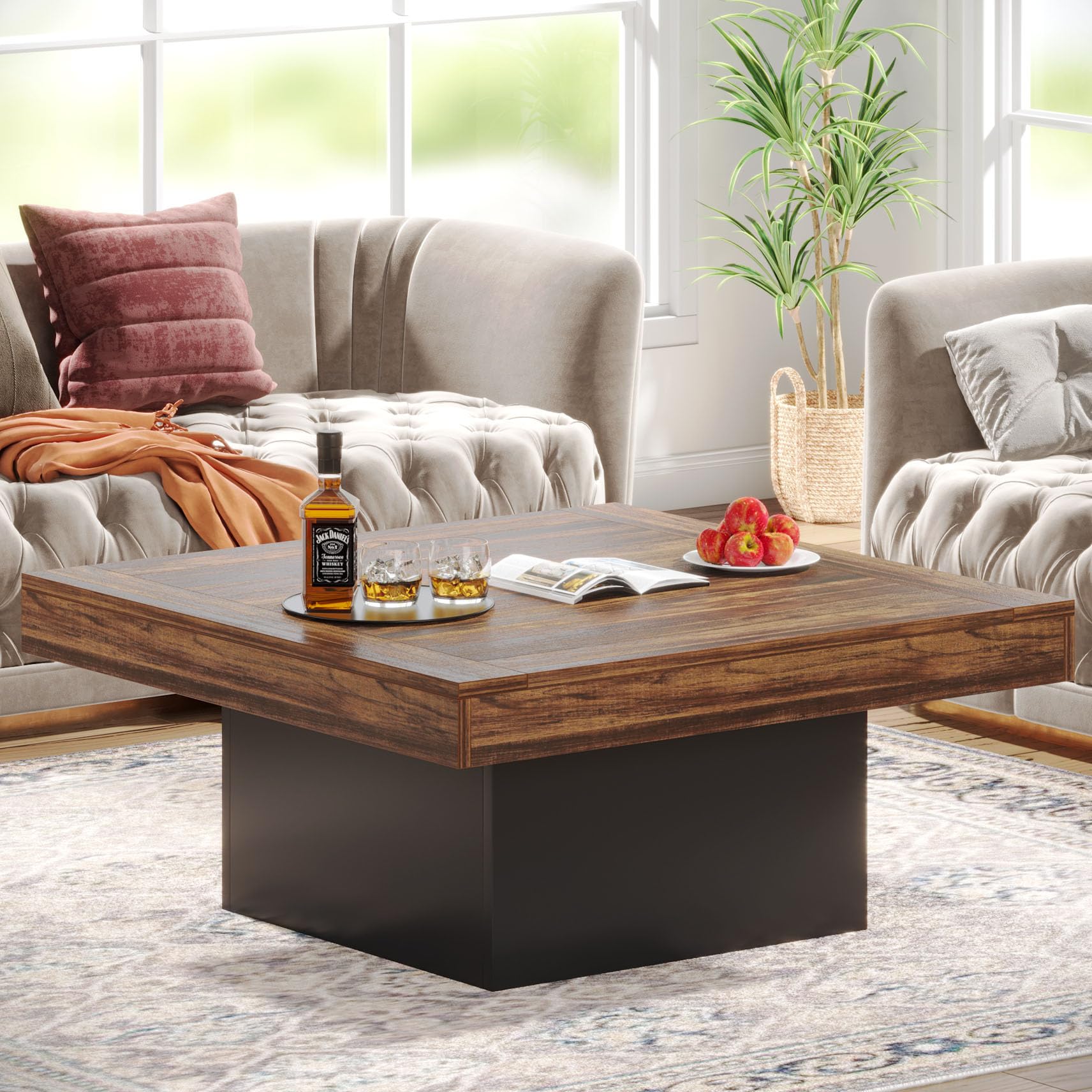 Tribesigns Square LED Coffee Table - Rustic Brown & Black Engineered Wood Low Profile Modern Coffee Table for Living Room, Lounge, and Office - Perfect for Home Decor & Entertainment Spaces