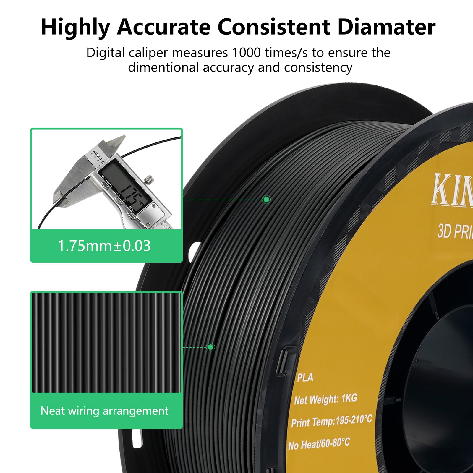 Kingroon Premium Black PLA Filament 1.75mm for 3D Printers - 1KG Spool with +/- 0.03mm Accuracy - High-Quality 3D Printing Material for DIY Projects, Prototyping & Creative Models