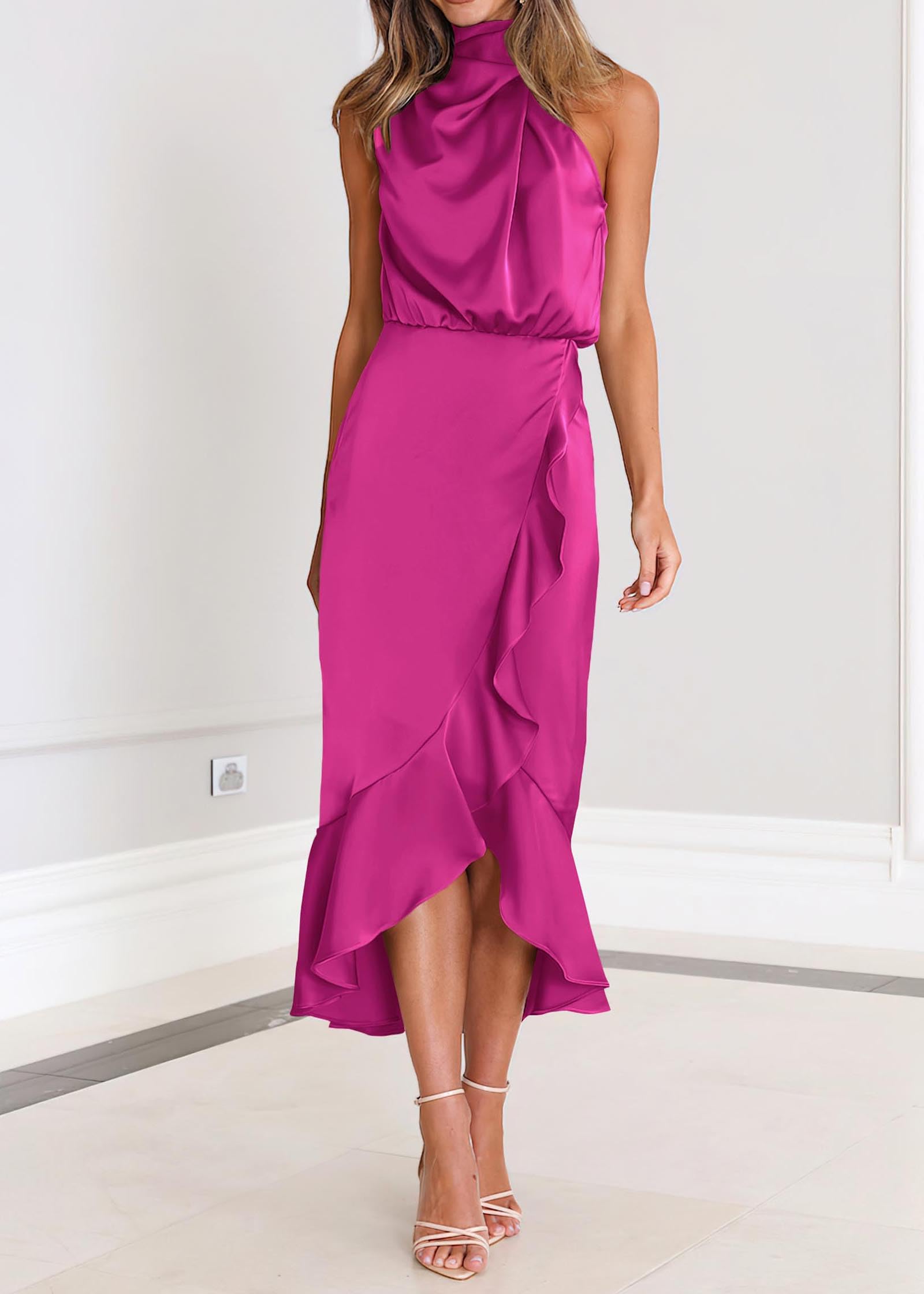KIRUNDO Women's 2025 Summer Satin Mock Neck Cocktail Dress - Sleeveless Wrap Midi Dress with Ruffle Detail for Wedding Guest & Party | Elegant Formal Attire for Evening Events, Bridal Showers & Special Occasions