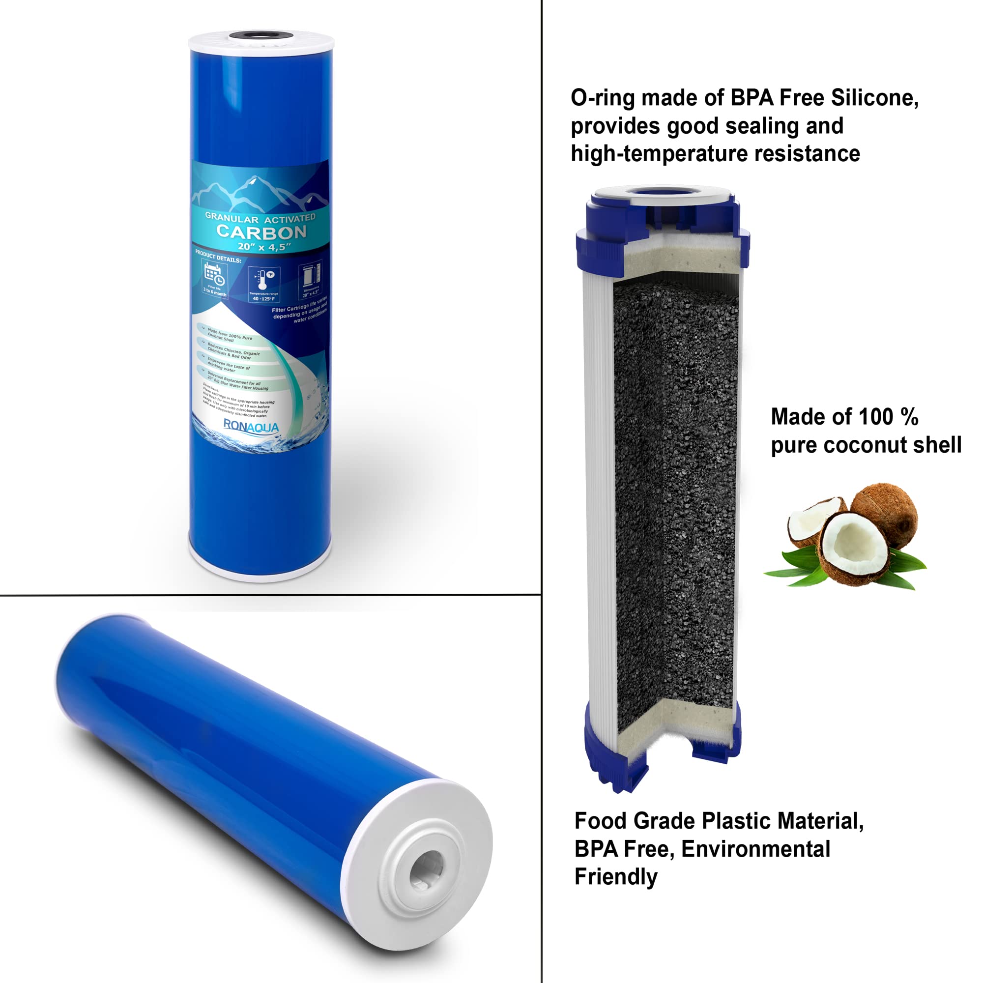 20x4.5” Whole House Water Filtration System - High Capacity Transparent Filter with Pressure Relief Button, 1” Brass Inlet/Outlet - Includes 3 Coconut Shell Activated Carbon Cartridges (1 Year Supply) - Perfect for Clean Water in Homes, Farms & RVs
