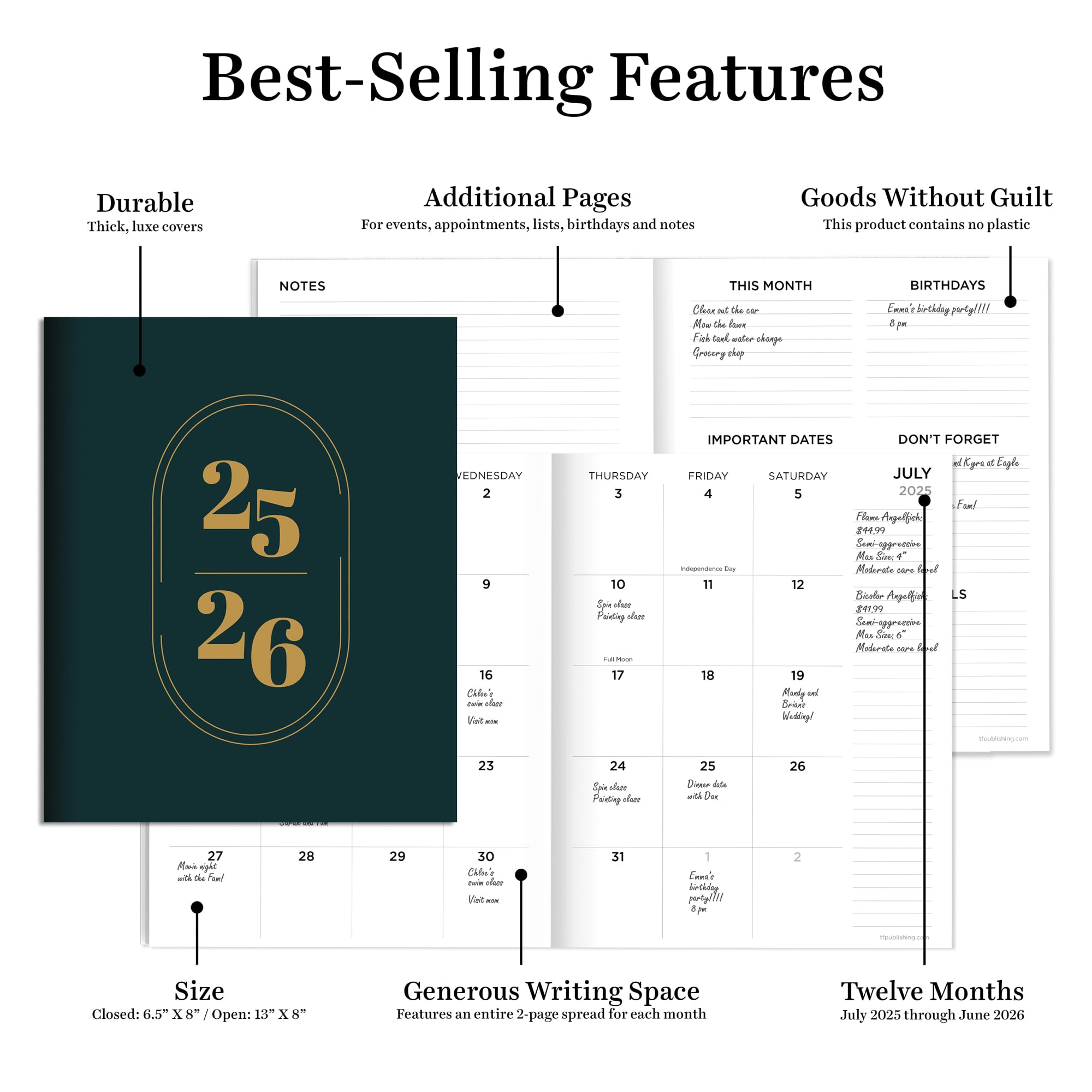 TF Publishing July 2025 - June 2026 Ebony and Ivory Medium Monthly Planner - 12 Month Academic Planner 2025-2026 with 2-Page Spreads, Monthly Calendar Grids & Planning Prompts - 6.5