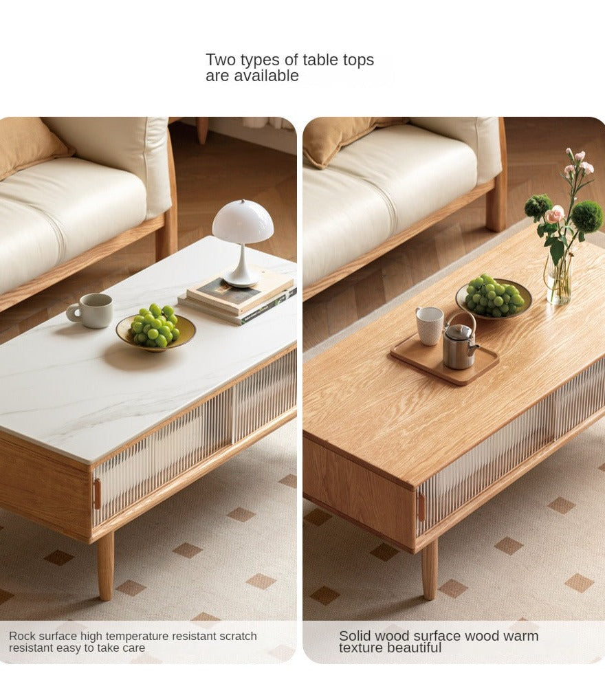 Solid Oak and Beech Wood Coffee Table with Glass Doors - Modern Living Room Furniture for Home Decor and Entertainment