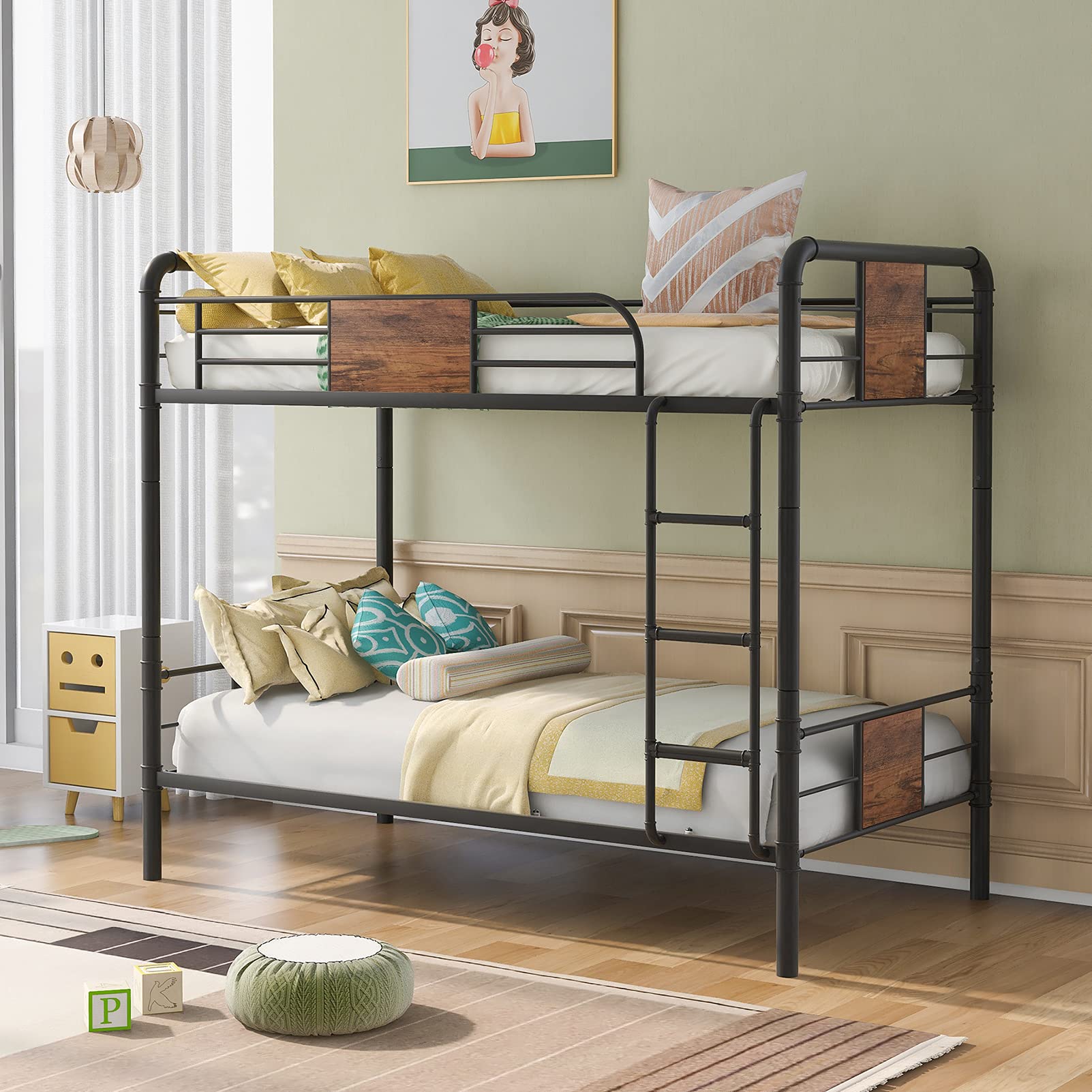 Sturdy Twin Over Twin Metal Bunk Bed with Built-in Ladder & Safety Guardrails for Kids - Heavy Duty Iron Bed Frame with Strong Steel Slats - Space-Saving Design for Small Rooms - No Box Spring Needed - Perfect for Siblings Sharing Room or Sleepovers (Black)