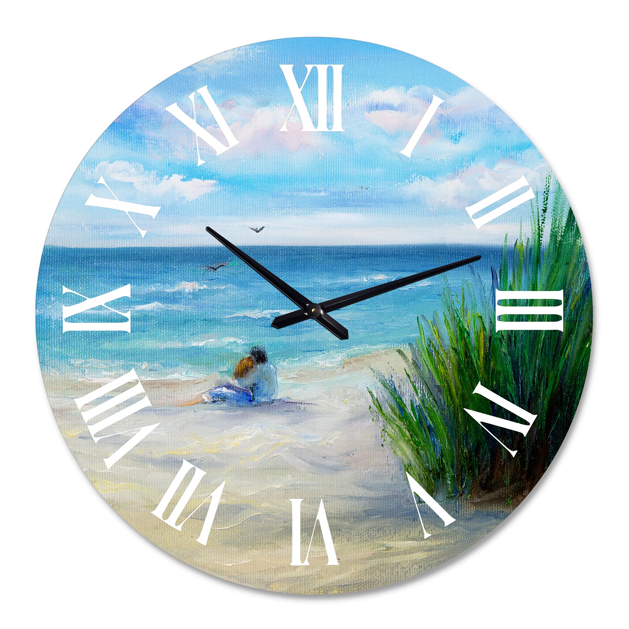 DesignQ Nautical Coastal Wall Clock - Romantic 'Couple in Love by The Beach' Blue Round Clock for Kitchen, Living Room, Bedroom & Office Decor | Perfect for Beach House, Coastal & Home Décor
