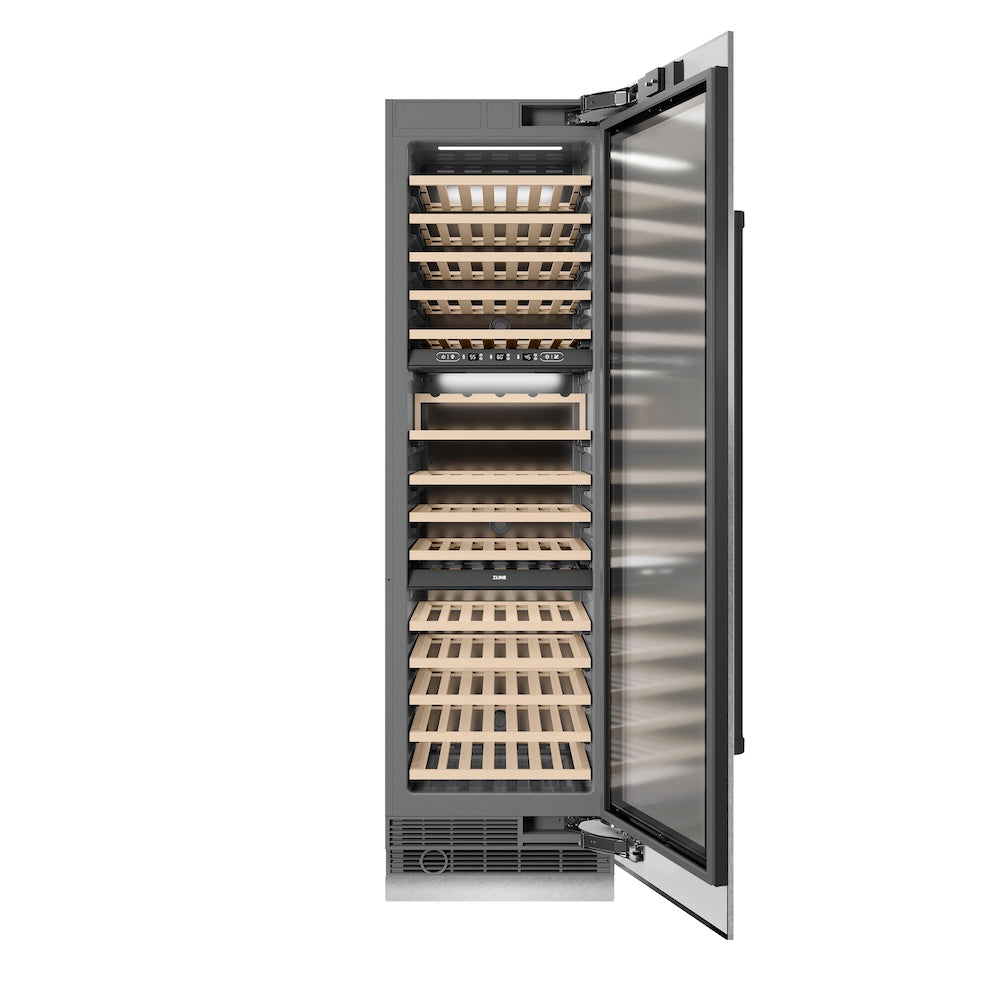 ZLINE Autograph Edition 24 Inch 12.4 Cu Ft Triple Zone 100 Bottle Column Wine Cooler - Satin Stainless Steel & Matte Black Accents (RCWVZ SN 24 MB) | Perfect for Home Bars, Wine Cellars & Entertaining Spaces
