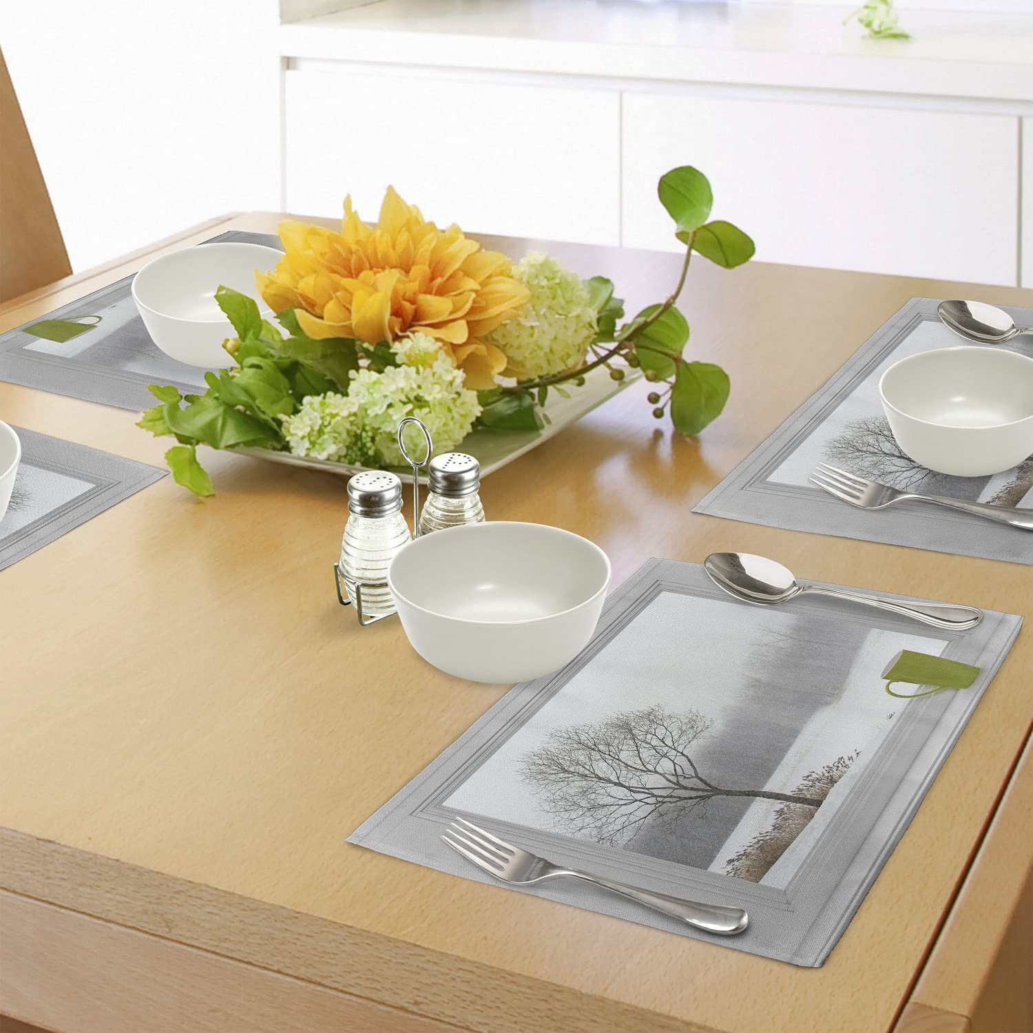 Ambesonne Winter Place Mats Set of 4 - Green Teacup on Windowsill Forest Snowstorm Scenic Countryside Design, Washable Fabric Dining Table Mats for Kitchen & Dining Room Decor in Apple Green, Beige & White - Perfect for Holiday Dinners, Cozy Winter Meals & Seasonal Home Decor