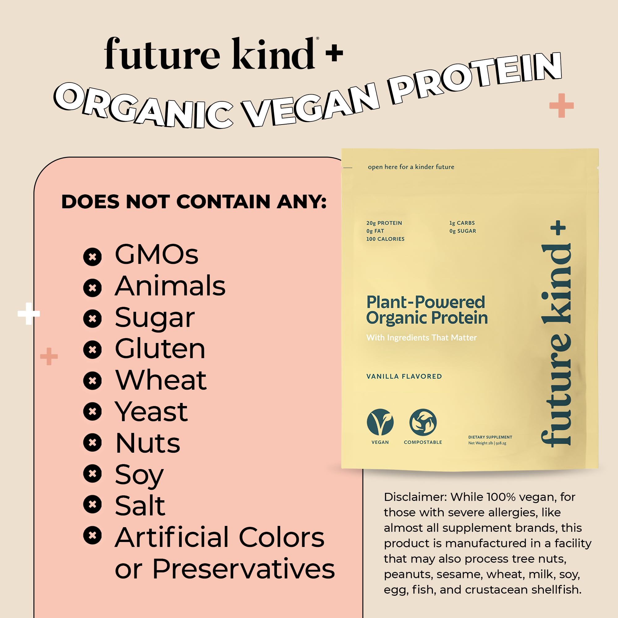 Future Kind Vegan Protein Powder - Vanilla Flavor, Pea Plant Protein for Lean Muscle Growth, Iron & Fiber Enriched, Whey-Free, Sugar-Free, Soy-Free, Non-Dairy (34 Servings) - Perfect for Post-Workout Recovery & Healthy Vegan Lifestyle