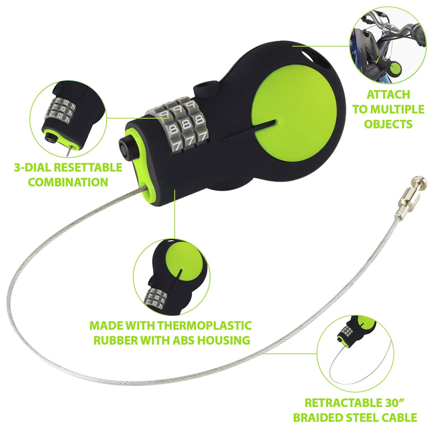 Lewis N. Clark TSA Approved Cable Luggage Lock with Combination - 30-inch Retractable Steel Bike & Travel Lock (Green) | Secure Suitcases, Backpacks & Bicycles for Airports, Commuting & Outdoor Adventures