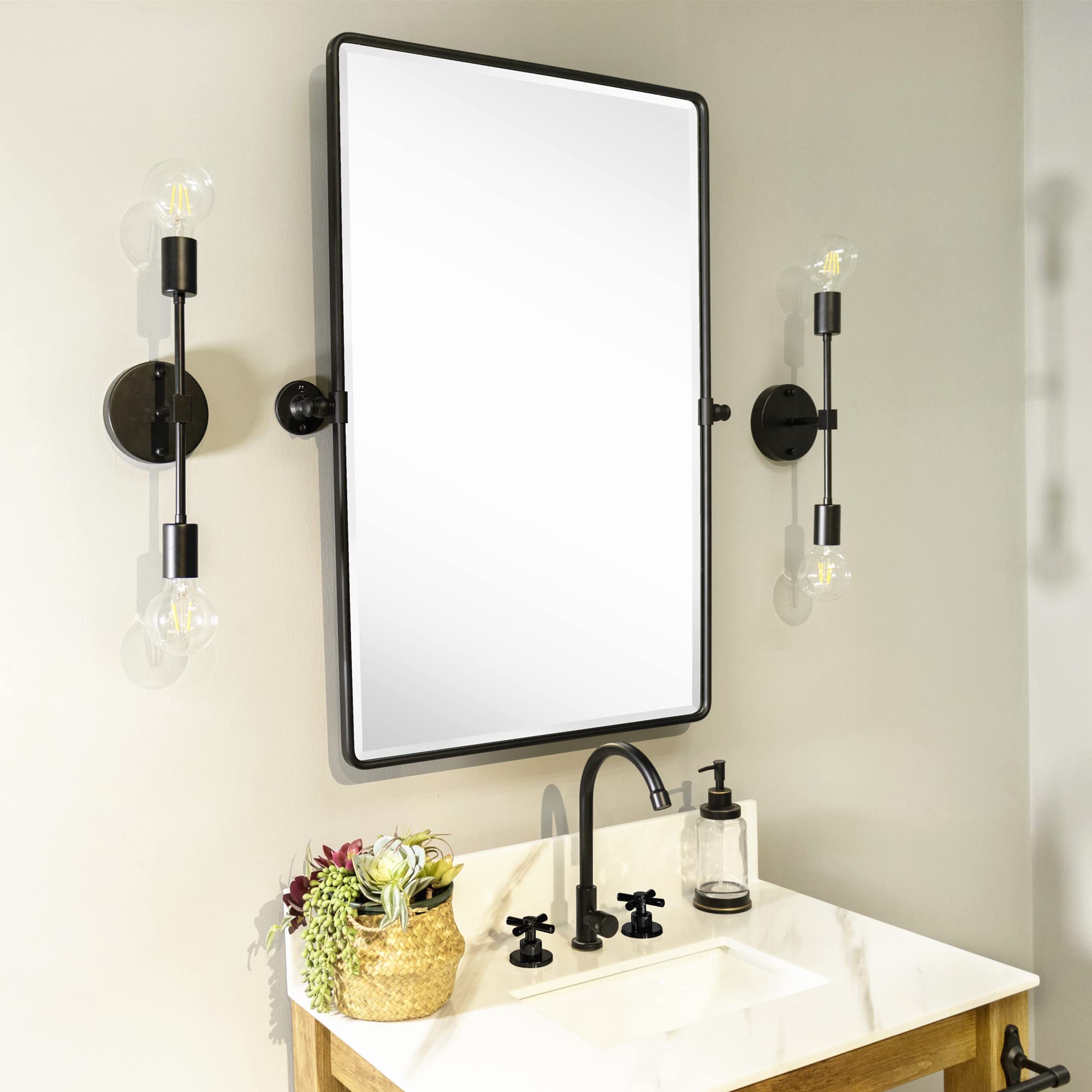 Farmhouse Pivot Rectangle Bathroom Mirror - 20x30 Inch Black Metal Framed Tilting Beveled Vanity Mirror for Wall Mount - Perfect for Bathroom, Bedroom, and Dressing Room Decor