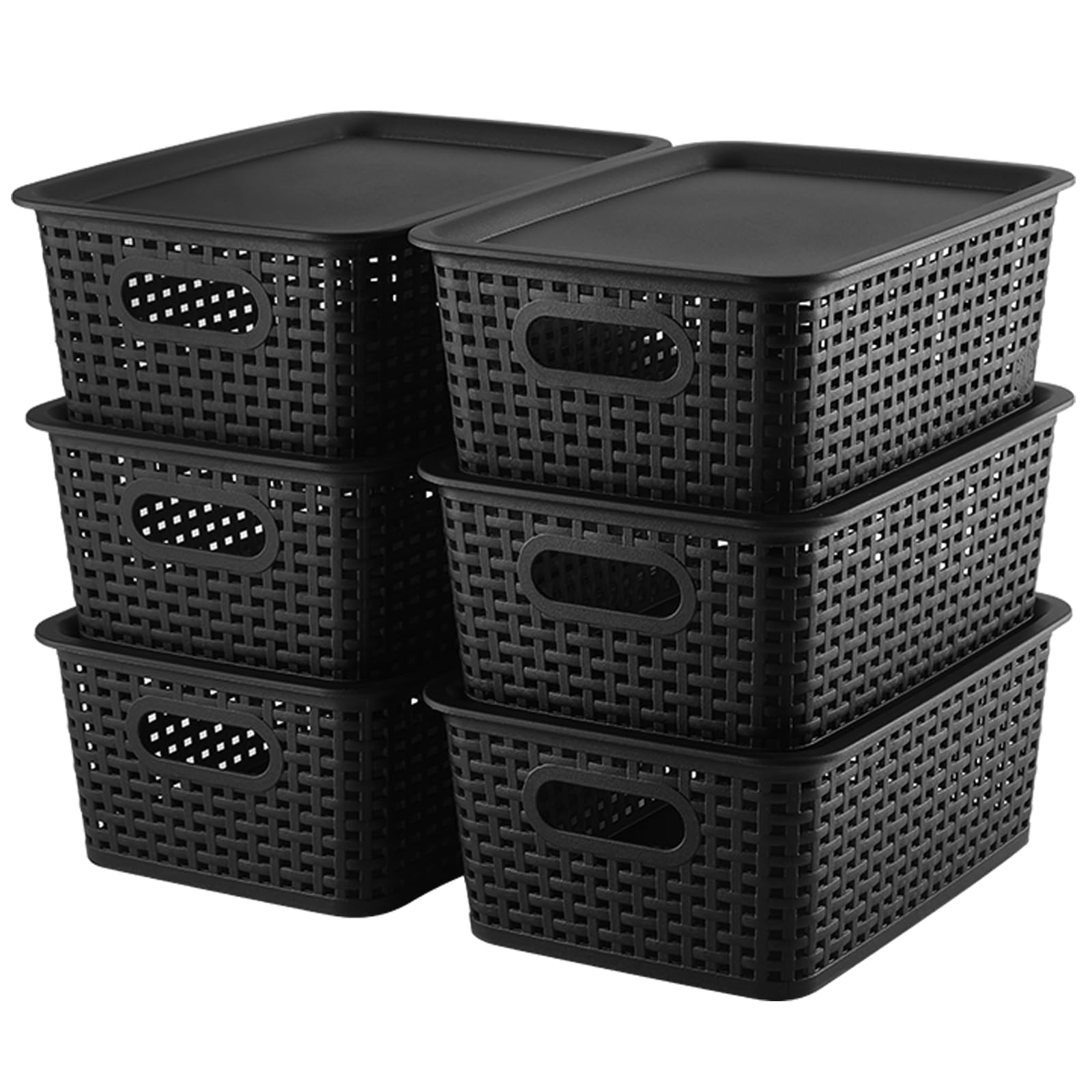 AREYZIN 6-Pack Black Plastic Storage Bins with Lids - Stackable Small Organizing Baskets for Shelves, Drawers, Desktop | Perfect for Playroom, Classroom, Office & Home Organization