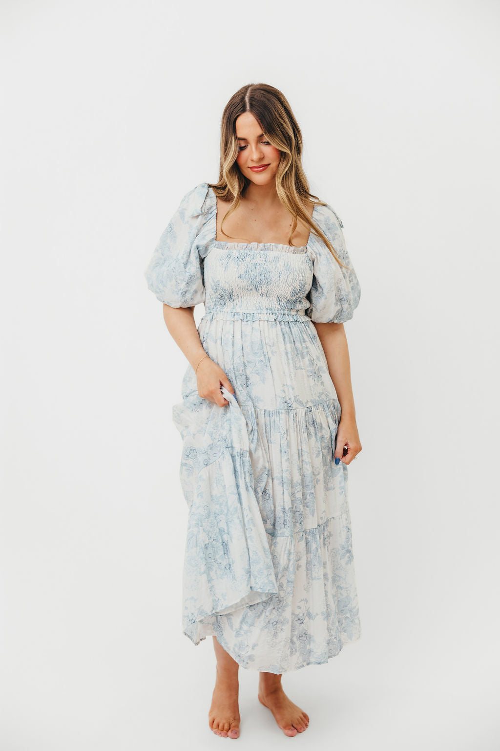 Elena Floral Print Smocked Midi Dress in Blue - Bump Friendly Maternity Dress & Inclusive Sizing for Women - Perfect for Baby Showers, Bridal Events & Summer Weddings