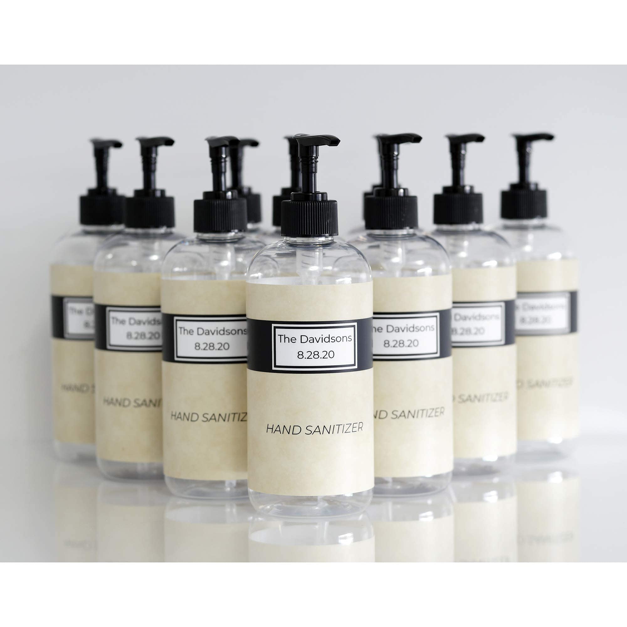 10-Pack Custom PET Plastic Refillable Pump Bottles with Black/Tan Waterproof Labels & Black Pumps - Clear Empty Containers for DIY Skincare, Essential Oils & Travel Toiletries