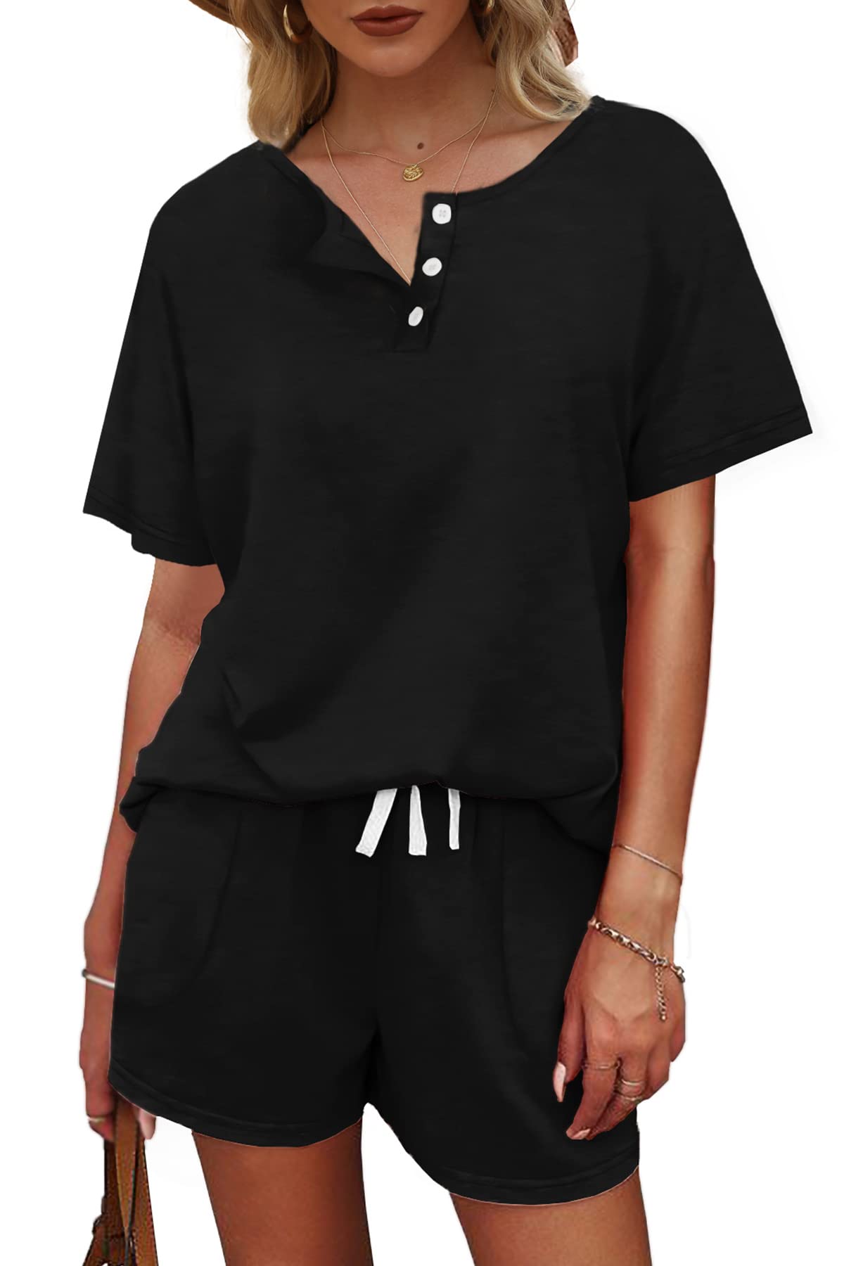 WIHOLL Women's 2-Piece Lounge Set - Button Down Top & Shorts with Pockets | Comfortable Sweatsuit for Home, Travel & Casual Wear