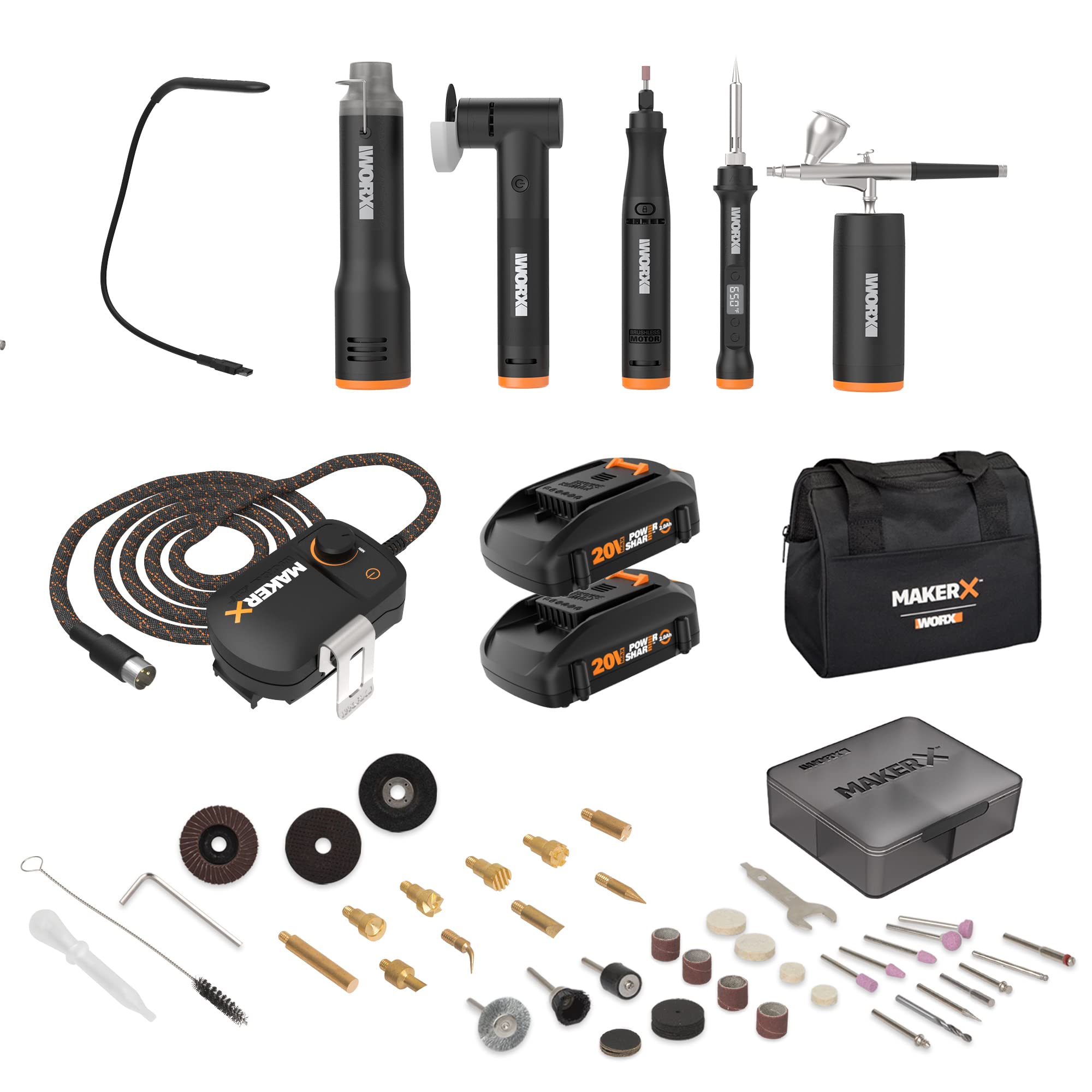 Worx WX996L MAKERX 6-in-1 Multi-Tool Kit with Rotary Tool, Wood & Metal Crafter, Airbrush, Heat Gun, Grinder & LED Flex Light - Perfect for DIY Projects, Home Repairs & Crafting in Portable Carry Bag