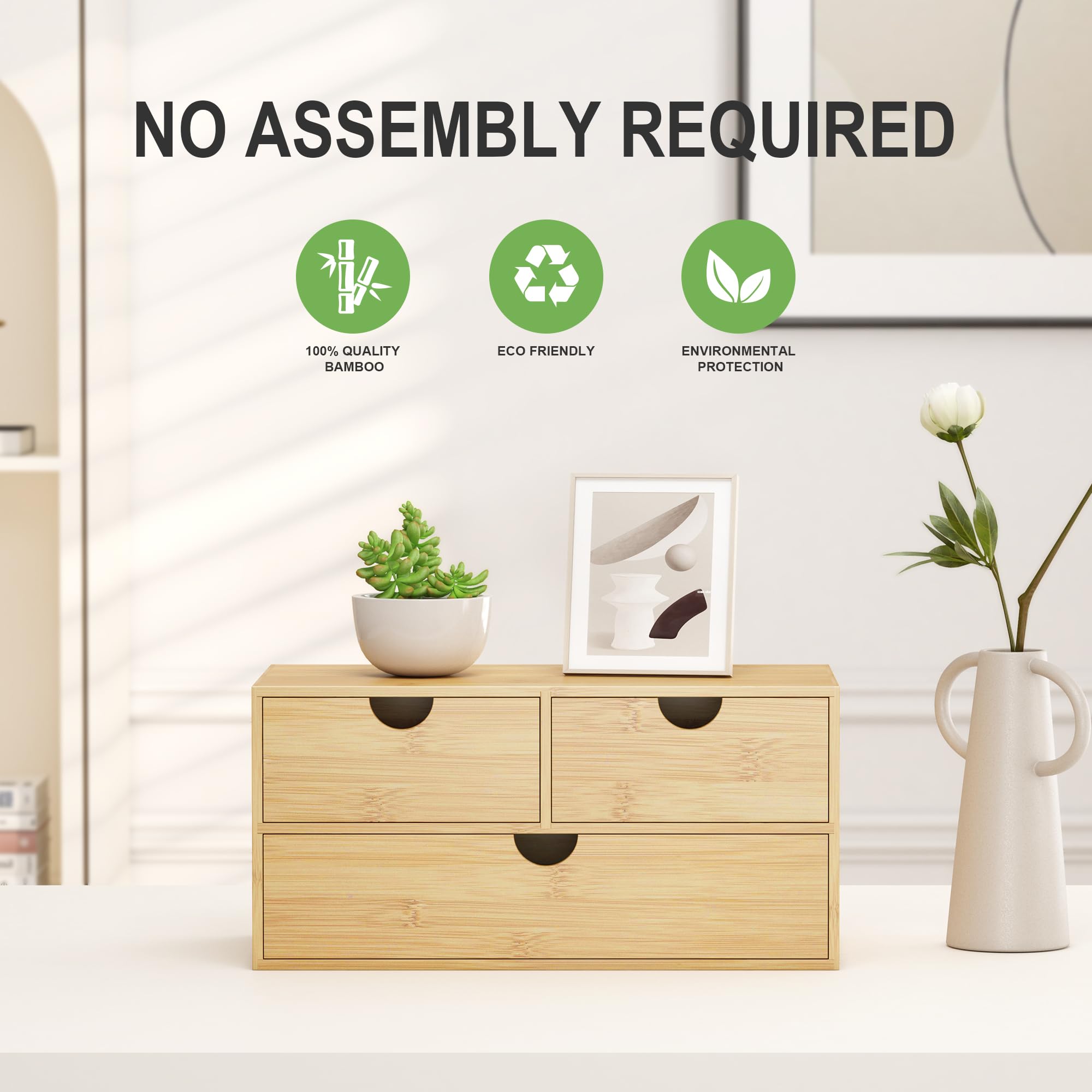 Bamboo Desk Organizer with Drawers - Small Desktop Storage Container for Home Office, Countertop & Tabletop Organization - No Assembly Required - Perfect for Pens, Paper Clips, Sticky Notes & Office Supplies