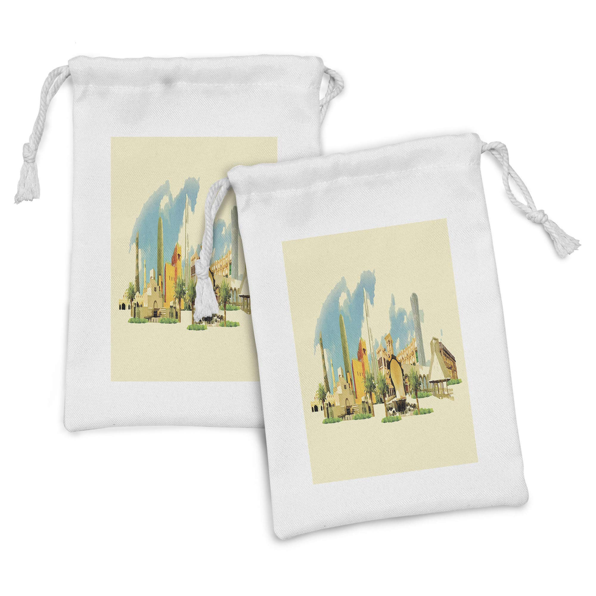Ambesonne 2-Pack Landscape Fabric Pouches - Doha Qatar Watercolor Panorama Drawstring Bags (9
