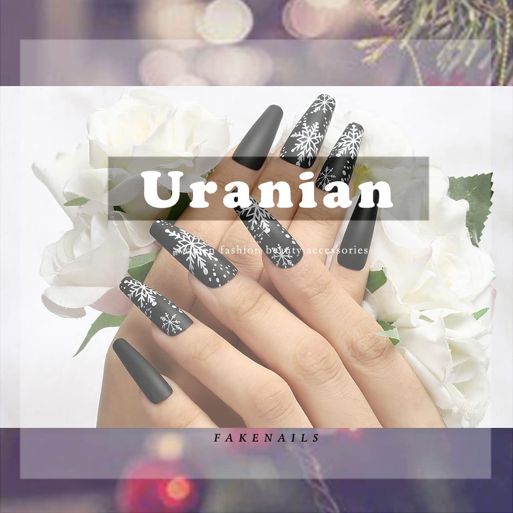 Uranian Christmas Press on Nails - Black Extra Long Coffin Fake Nails with Snowflake Matte Designs | 24pcs Full Cover Acrylic Glue on Nails for Women & Girls | Perfect for Holiday Parties, Gift Giving & Special Occasions