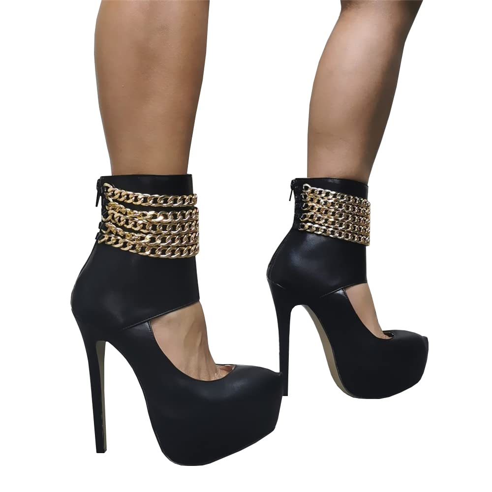 LEBE 15cm High Heel Sandals for Women - Black Chain Stiletto Platform Dress Shoes | Size 37 | Perfect for Evening Parties, Weddings & Special Occasions