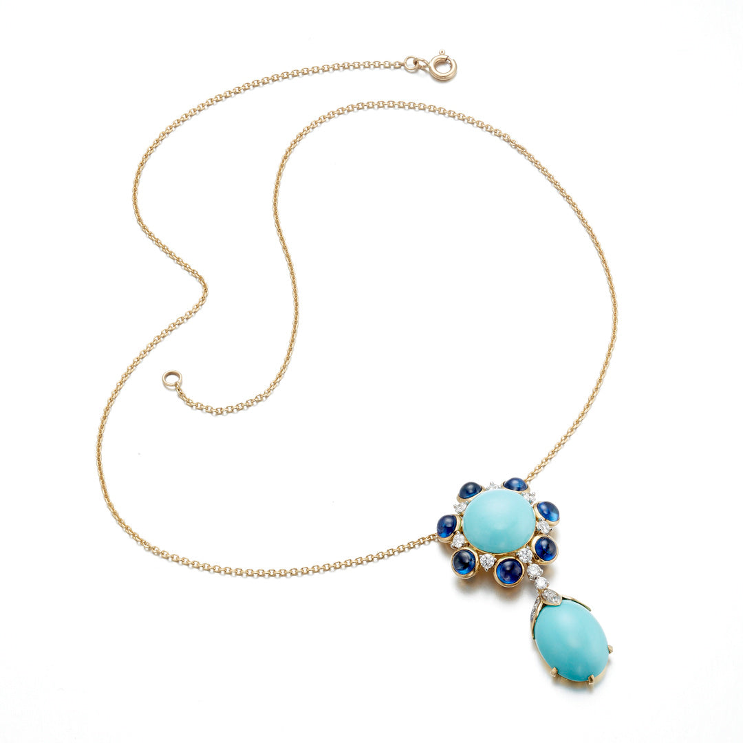 Exquisite Turquoise, Sapphire & Diamond Cluster Pendant Necklace for Women | Elegant Jewelry Gift for Birthday, Anniversary & Special Occasions | Perfect for Weddings, Parties & Evening Events