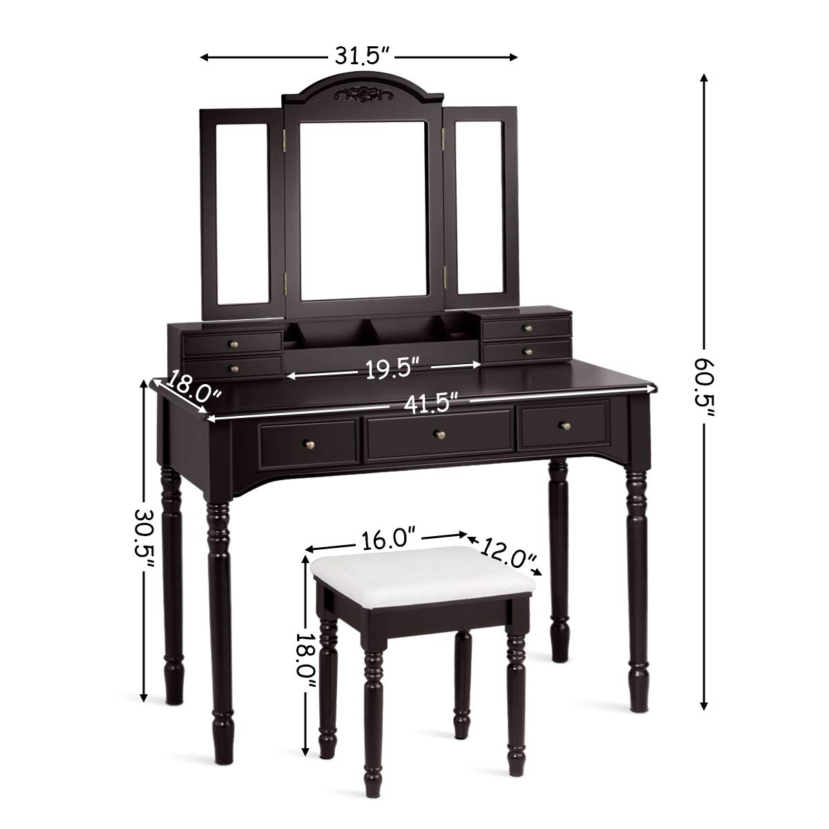 Charmaid Large Makeup Vanity Table with Tri-Fold Mirror - 41.5