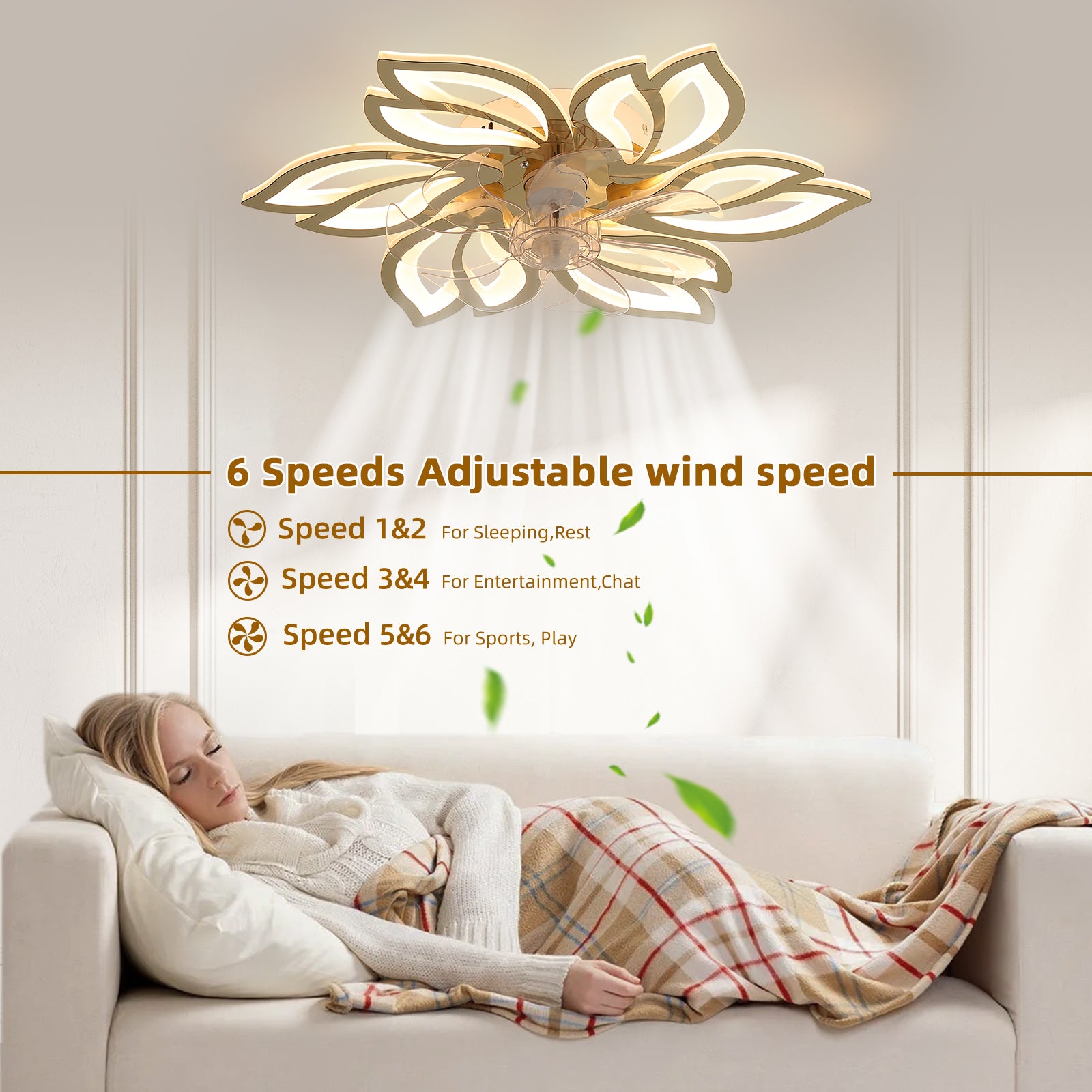 25.5 Inch Modern Ceiling Fan with Light - Remote Control, 3 Color Temperatures & 6 Speed Settings, Titanium Gold Finish - Perfect for Living Room, Bedroom, and Outdoor Patio