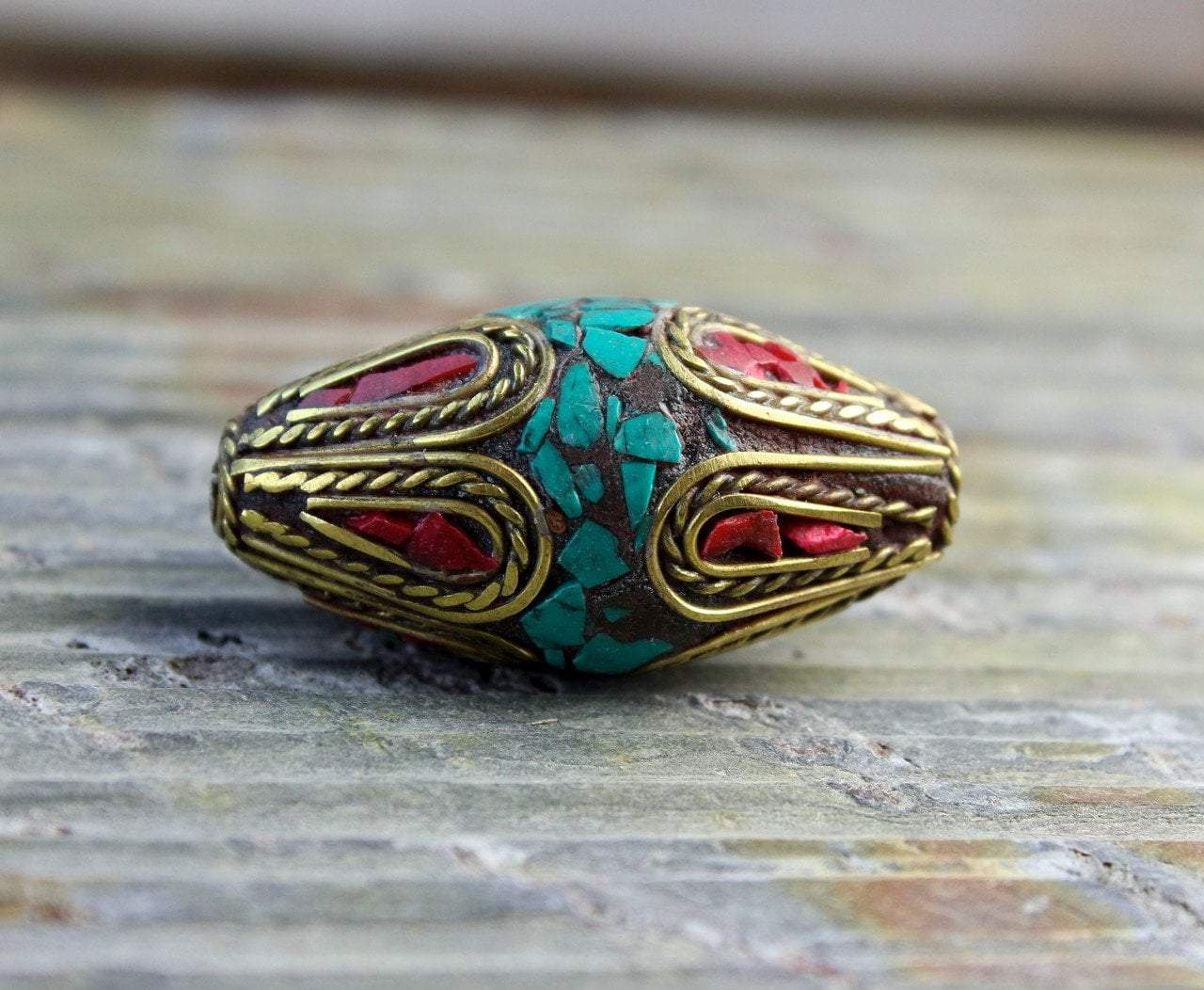 Grand Scale Brass Coral and Turquoise Tibetan Bead - Handmade Boho Jewelry for Women, Spiritual Healing Beads, Meditation Accessories | Perfect for Yoga, Prayer, and Fashion Statement