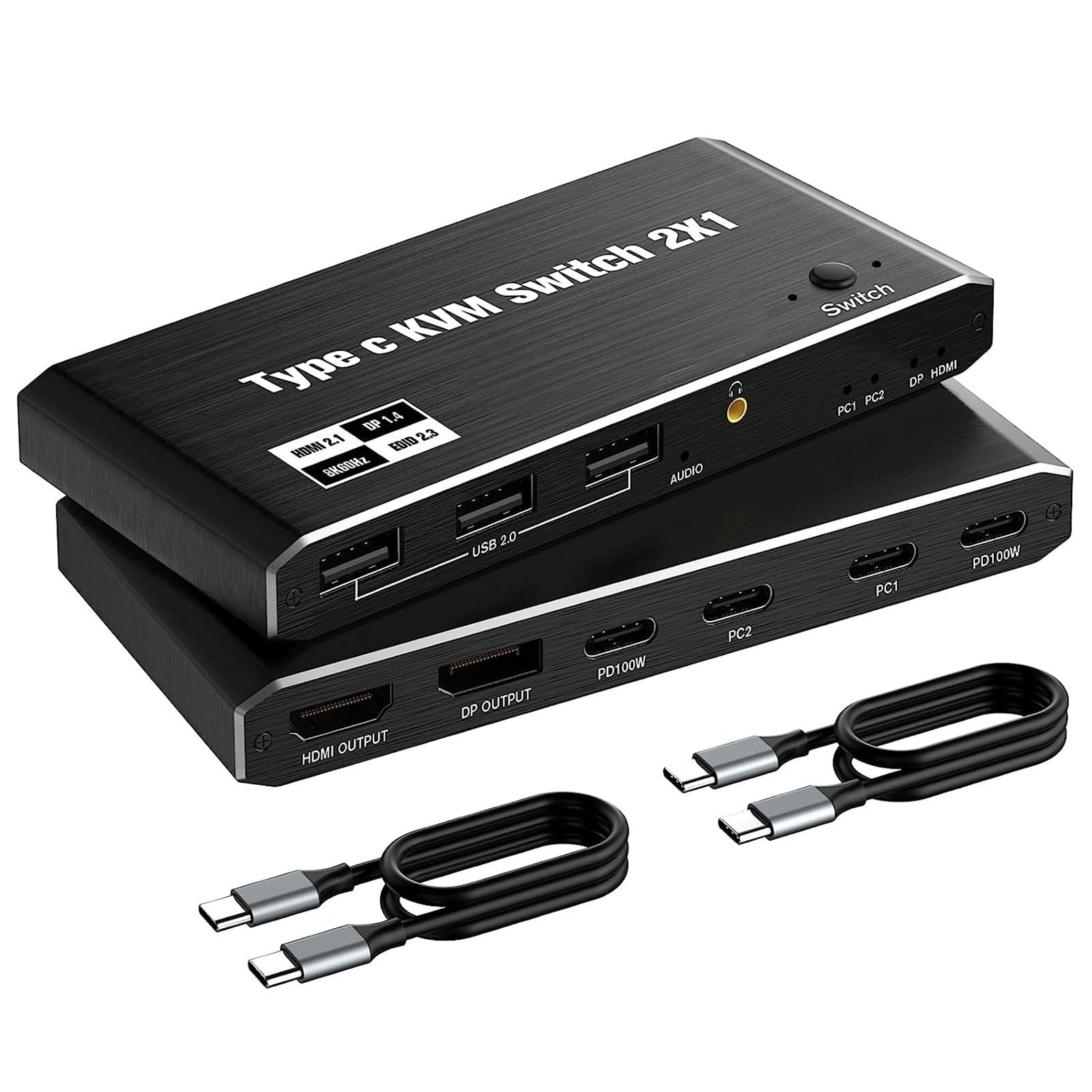 NATEFEMIN 2-in-1 USB-C KVM Switch Selector Box - Dual Computer USB-C KVM Switch for Keyboard, Mouse, Printer & USB Devices - Perfect for Home Office & Multi-PC Workspaces
