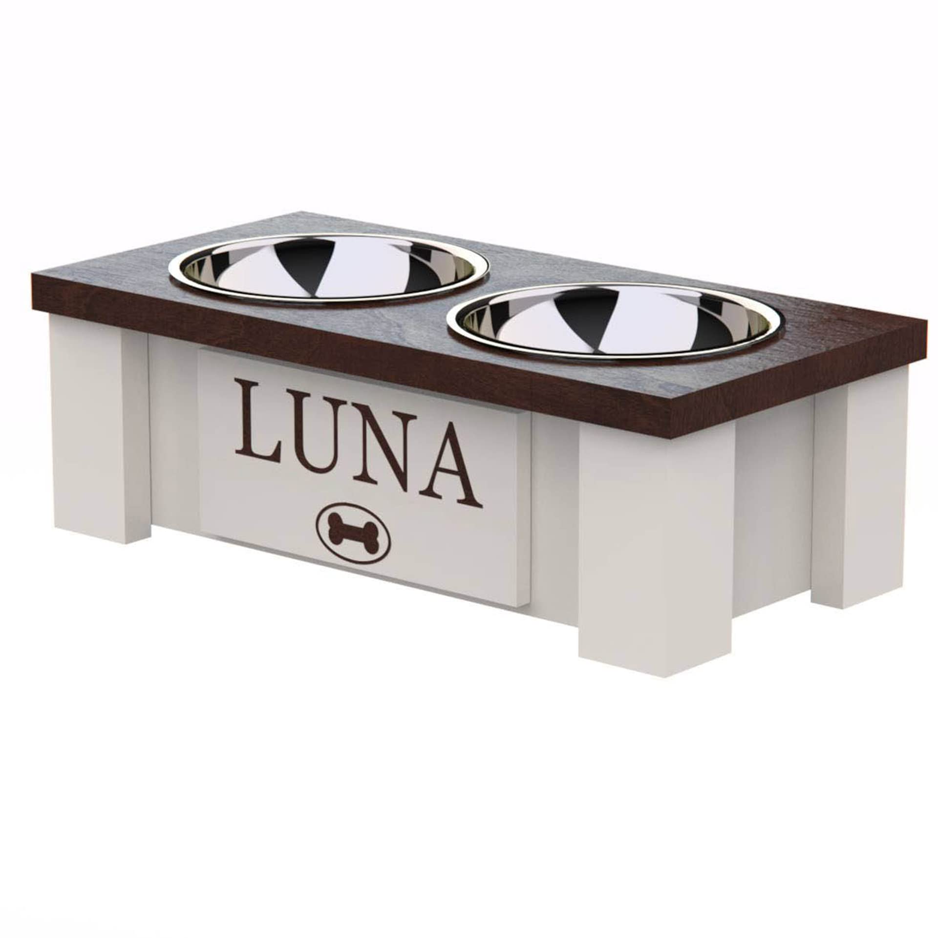 Personalized Elevated Dog Bowl Stand for Large, Medium, Small & X-Small Dogs - Stainless Steel Raised Pet Food & Water Bowls with Storage - Adjustable Height Dog Dish Feeder (X-Small, Dark Walnut) - Perfect for Kitchen, Living Room or Outdoor Use