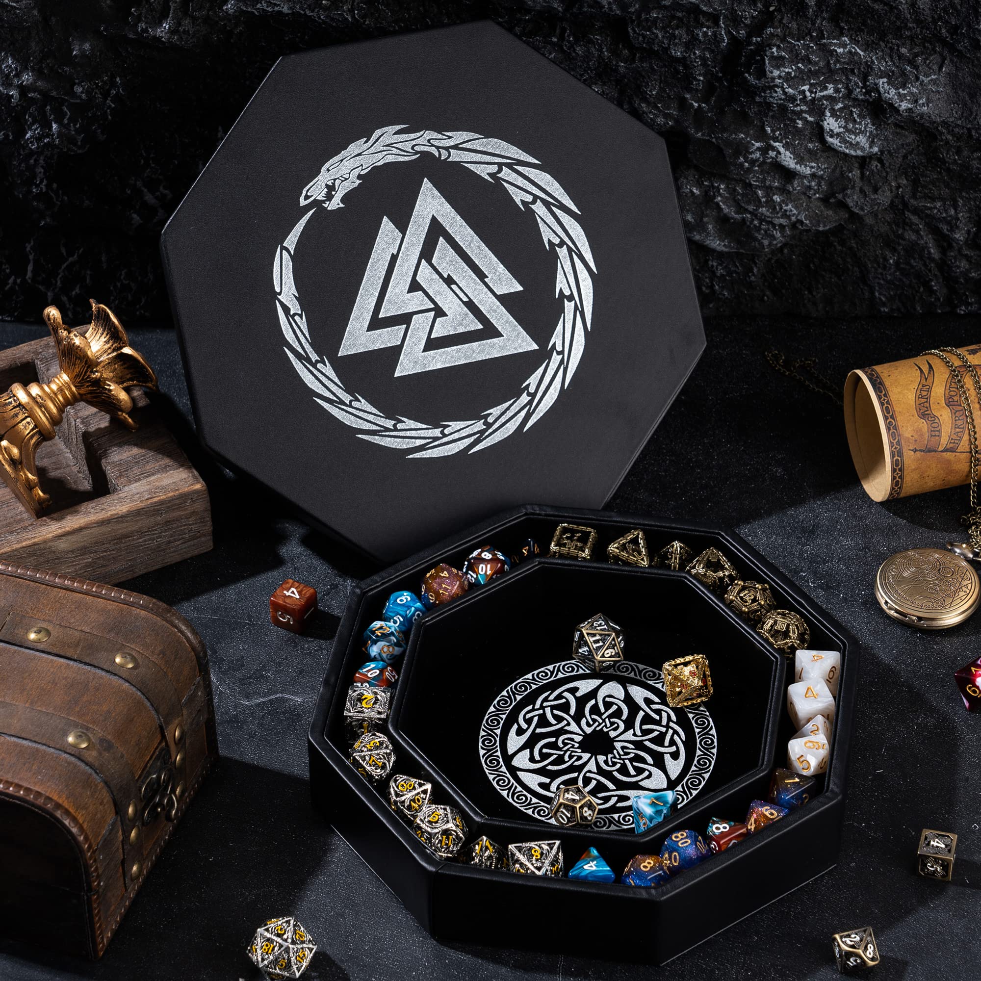 Valknut & Dragon Design 8 Inch Dice Rolling Tray for DND, RPG Games - Durable Tabletop Gaming Accessory with Storage Box - Perfect for Dungeons & Dragons, Pathfinder, Magic The Gathering Game Nights