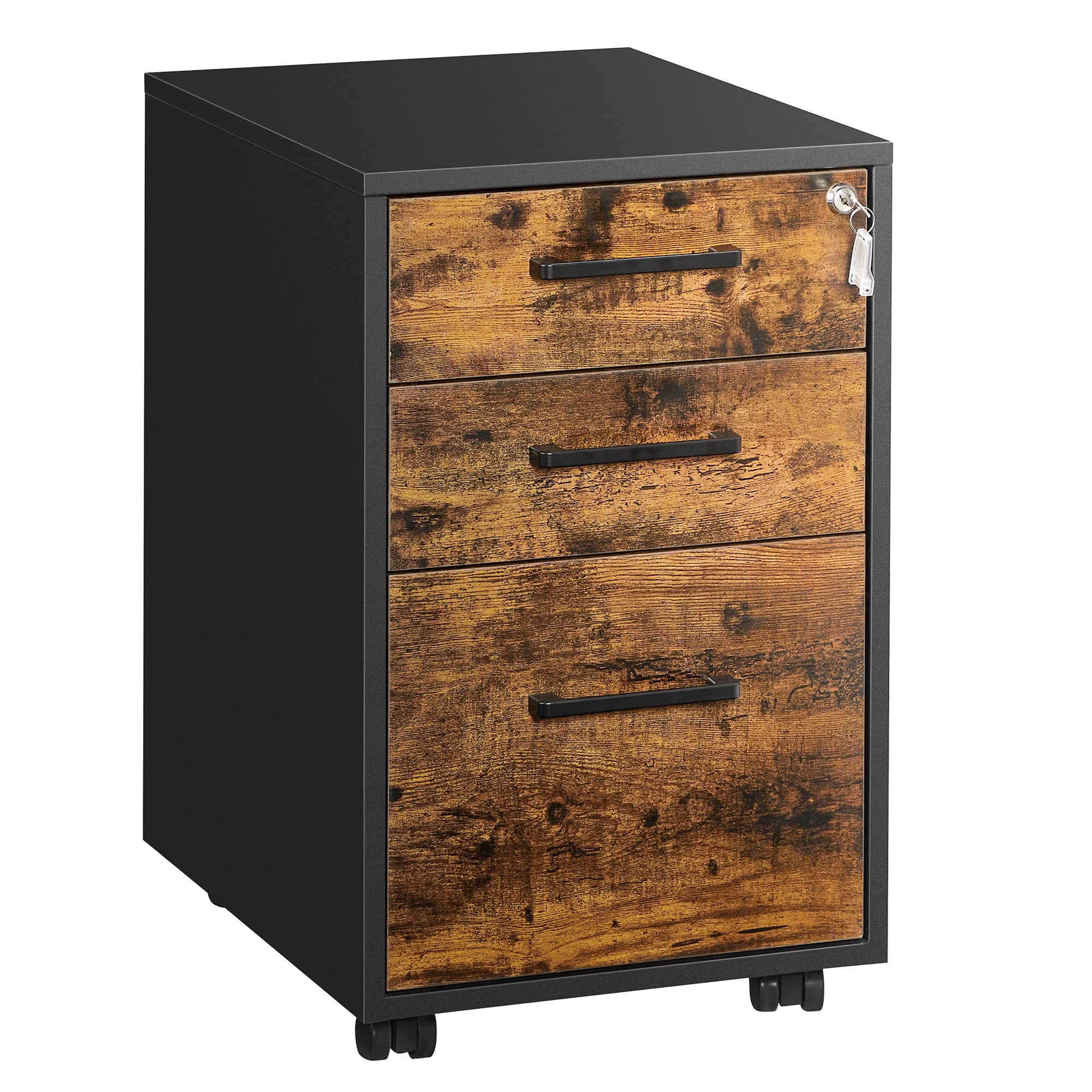 SONGMICS File Cabinet with Lock - Pre-Assembled Office Filing Cabinet for A4, Legal & Letter Size Documents - 17.7 x 14.4 x 23.6 Inches Rustic Brown & Black - Perfect for Home Office, Study Room & Workspace Organization (UOFC110B01V1)