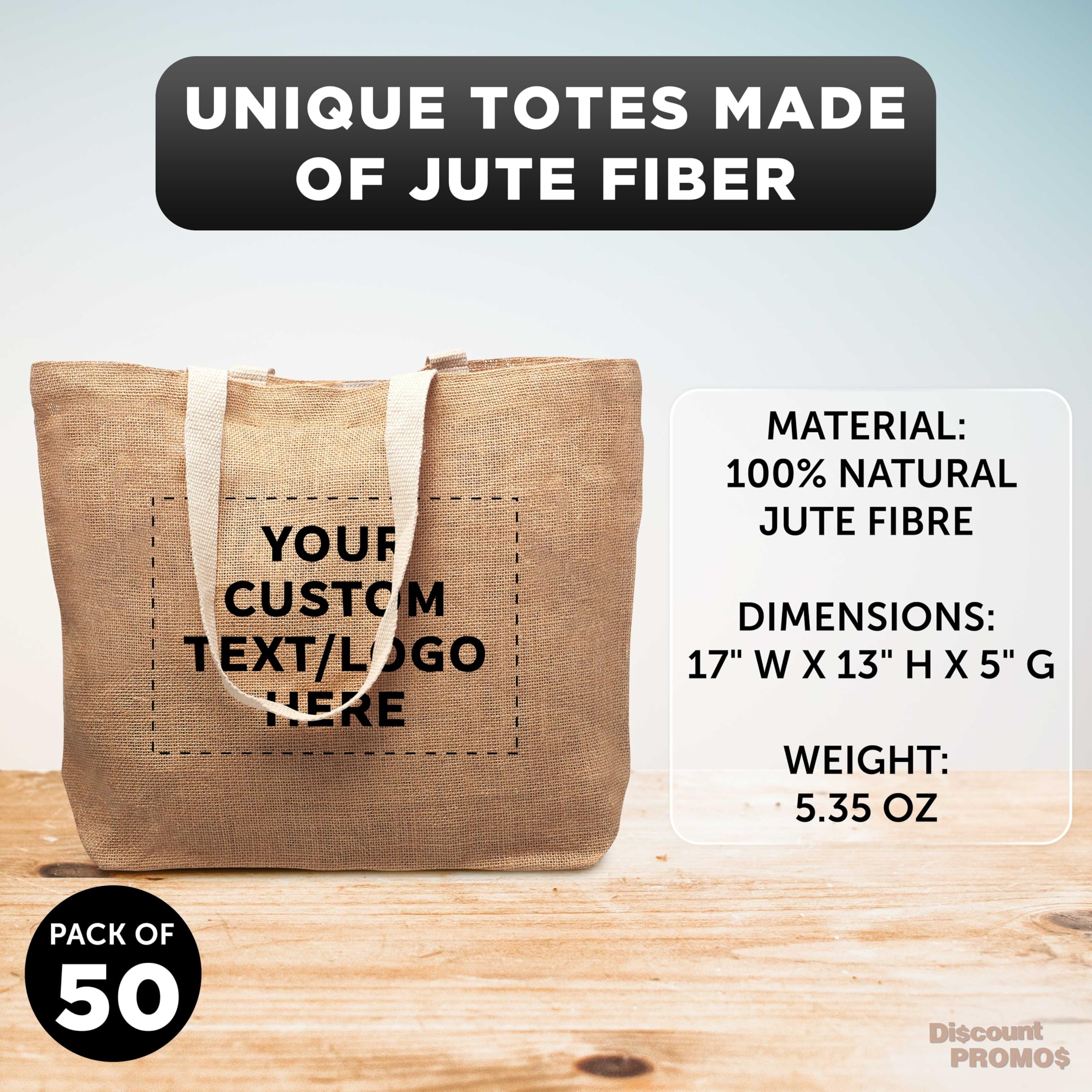 50 Pack Natural Jute Fiber Tote Bags with Custom Text & Logo - Eco-Friendly Reusable Grocery Bags with Sturdy Webbing Handles for Shopping, Beach, Farmers Market & Everyday Use