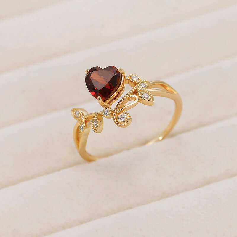 Red Garnet Heart Shaped Olive Branch Spiral Ring - Dainty Bohemian Jewelry for Women | Perfect for Valentine's Day, Anniversary Gifts & Boho Fashion Accessories