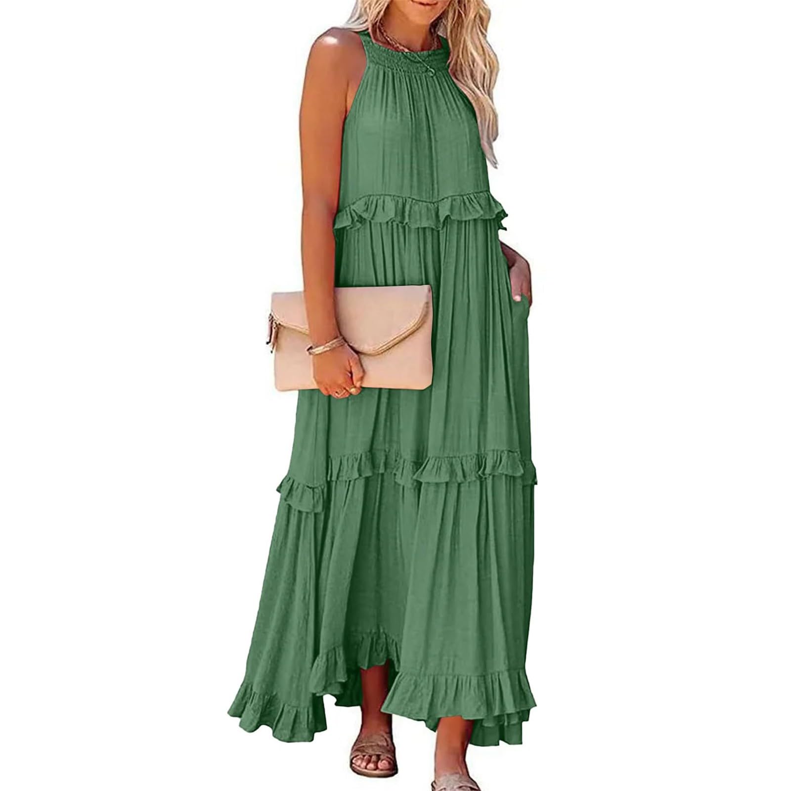 Women's Halter Smocked Tiered Maxi Dress - Flowy Swing Summer Cocktail & Wedding Guest Dress with Pockets | Perfect for Beach Vacations, Garden Parties & Formal Events